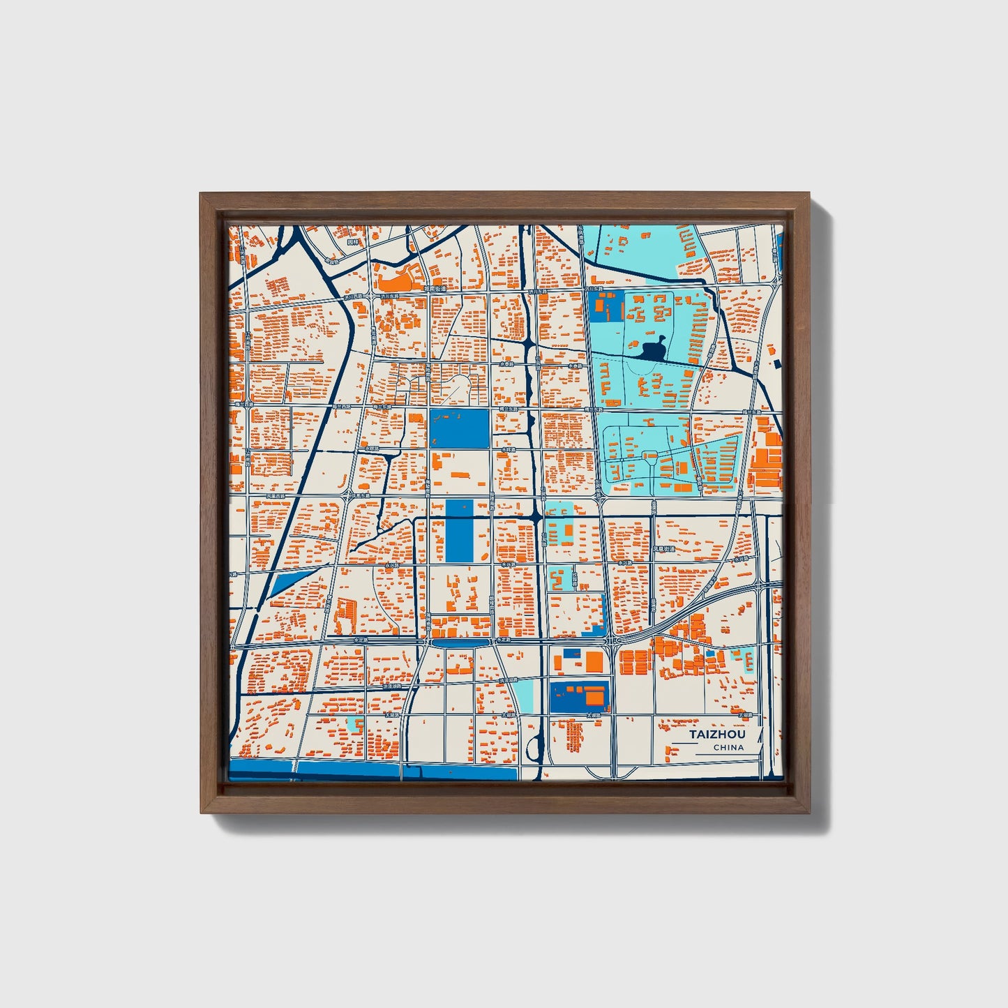 Taizhou China Colorful City Map Canvas Print • Dark Wooden Framed