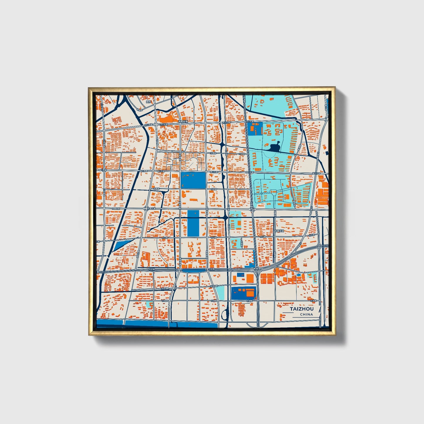 Taizhou China Colorful City Map Canvas Print • Gold Framed