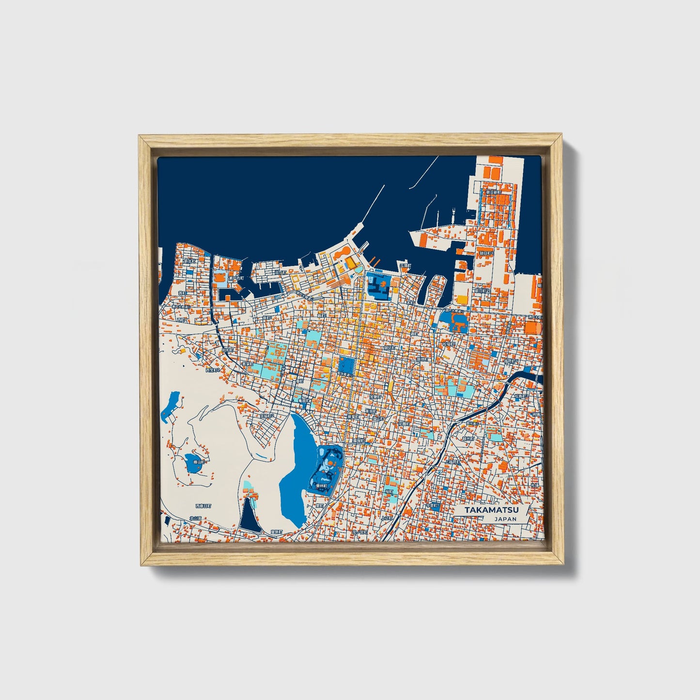 Takamatsu Japan Colorful City Map Canvas Print • Natural Wooden Framed