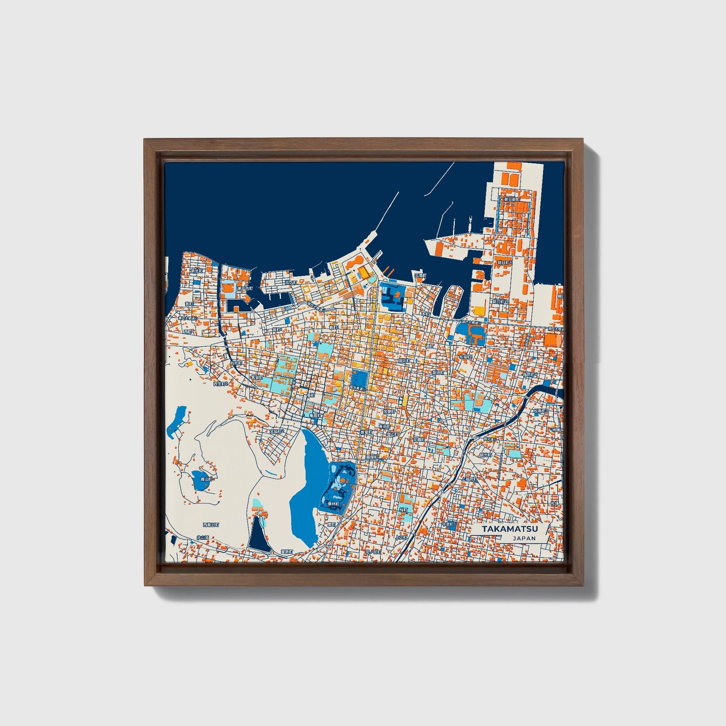 Takamatsu Japan Colorful City Map Canvas Print • Dark Wooden Framed