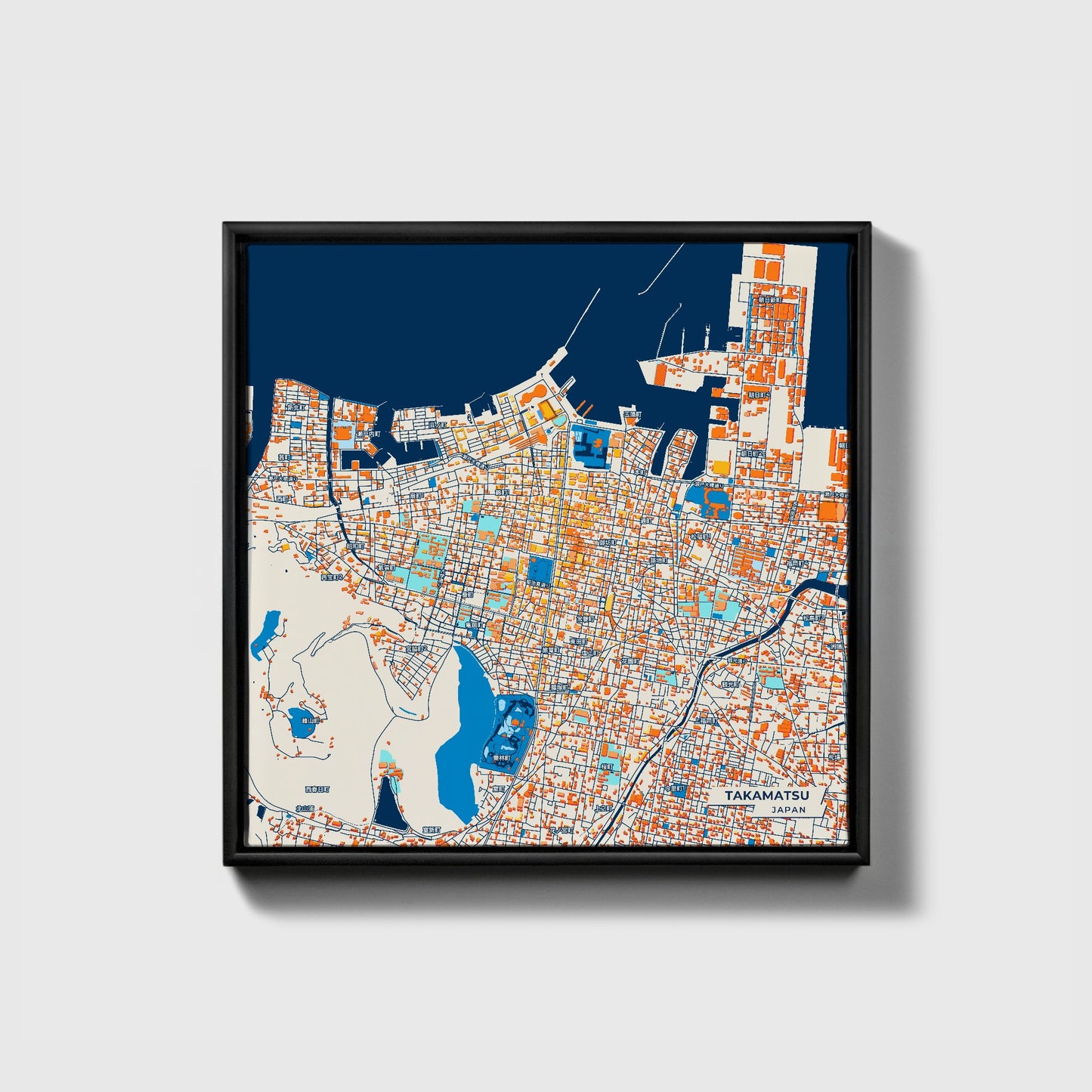 Takamatsu Japan Colorful City Map Canvas Print • Black Framed