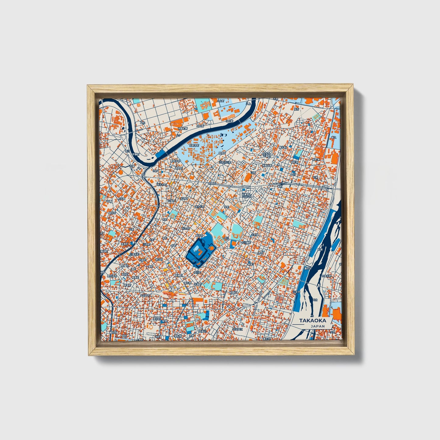 Takaoka Japan Colorful City Map Canvas Print • Natural Wooden Framed