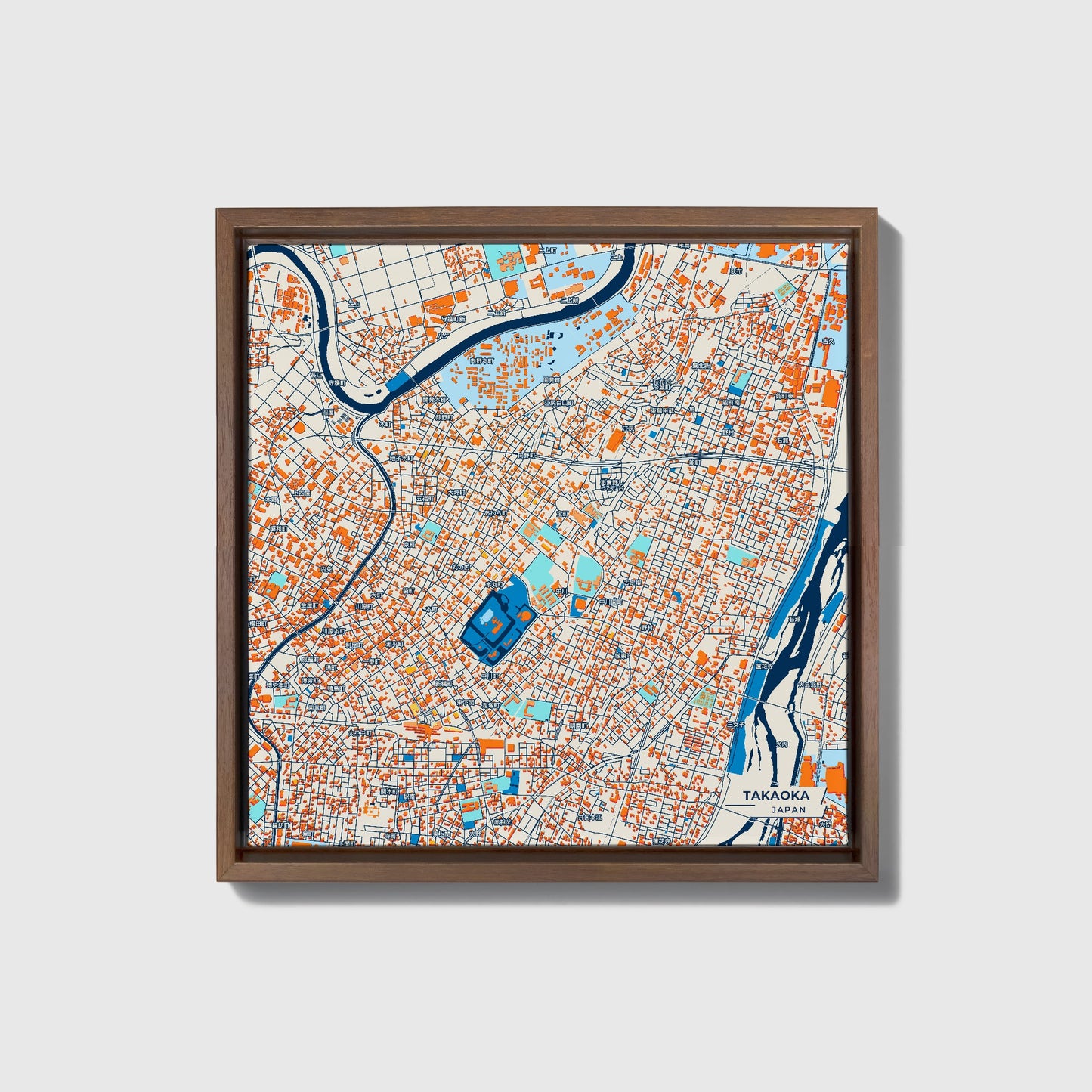 Takaoka Japan Colorful City Map Canvas Print • Dark Wooden Framed