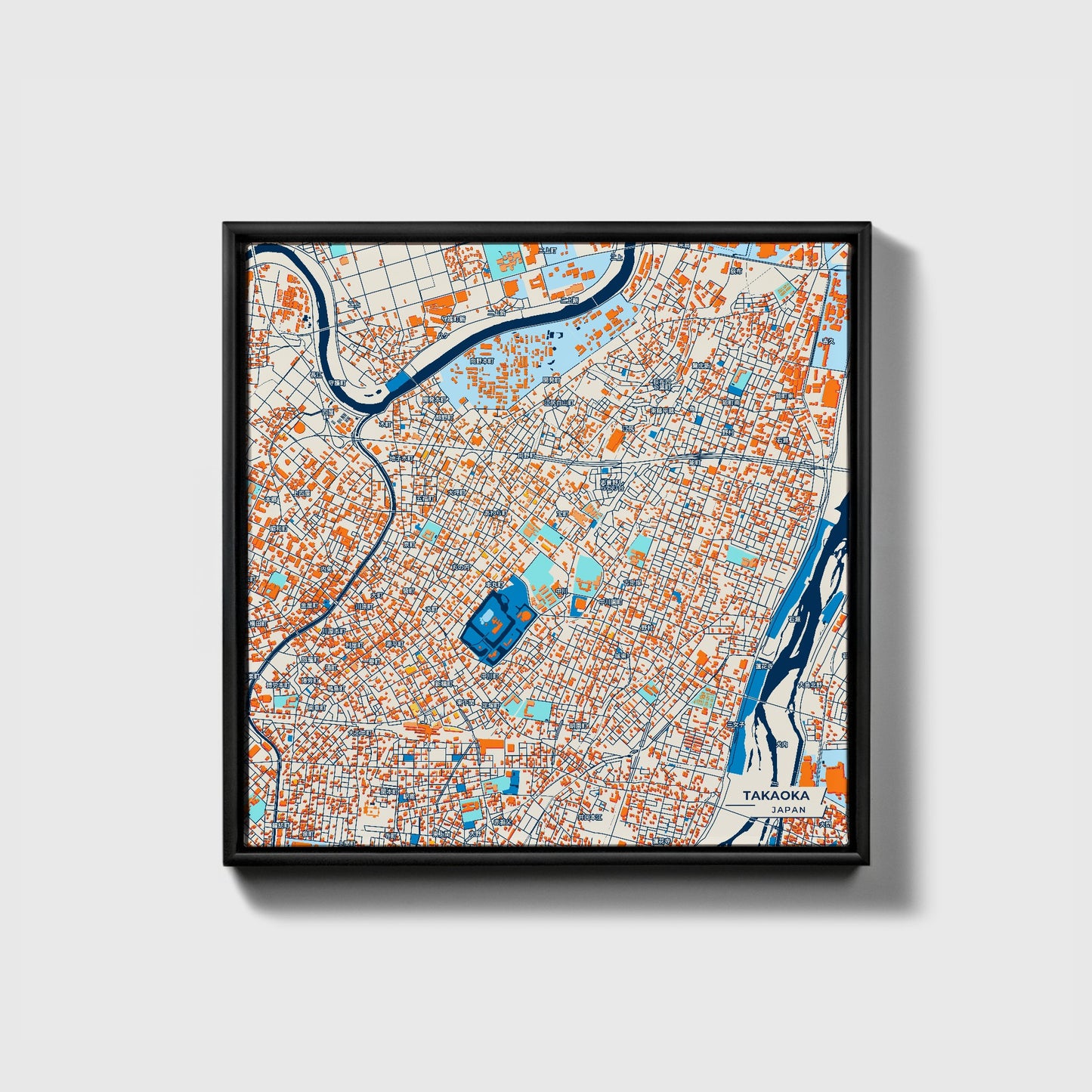 Takaoka Japan Colorful City Map Canvas Print • Black Framed