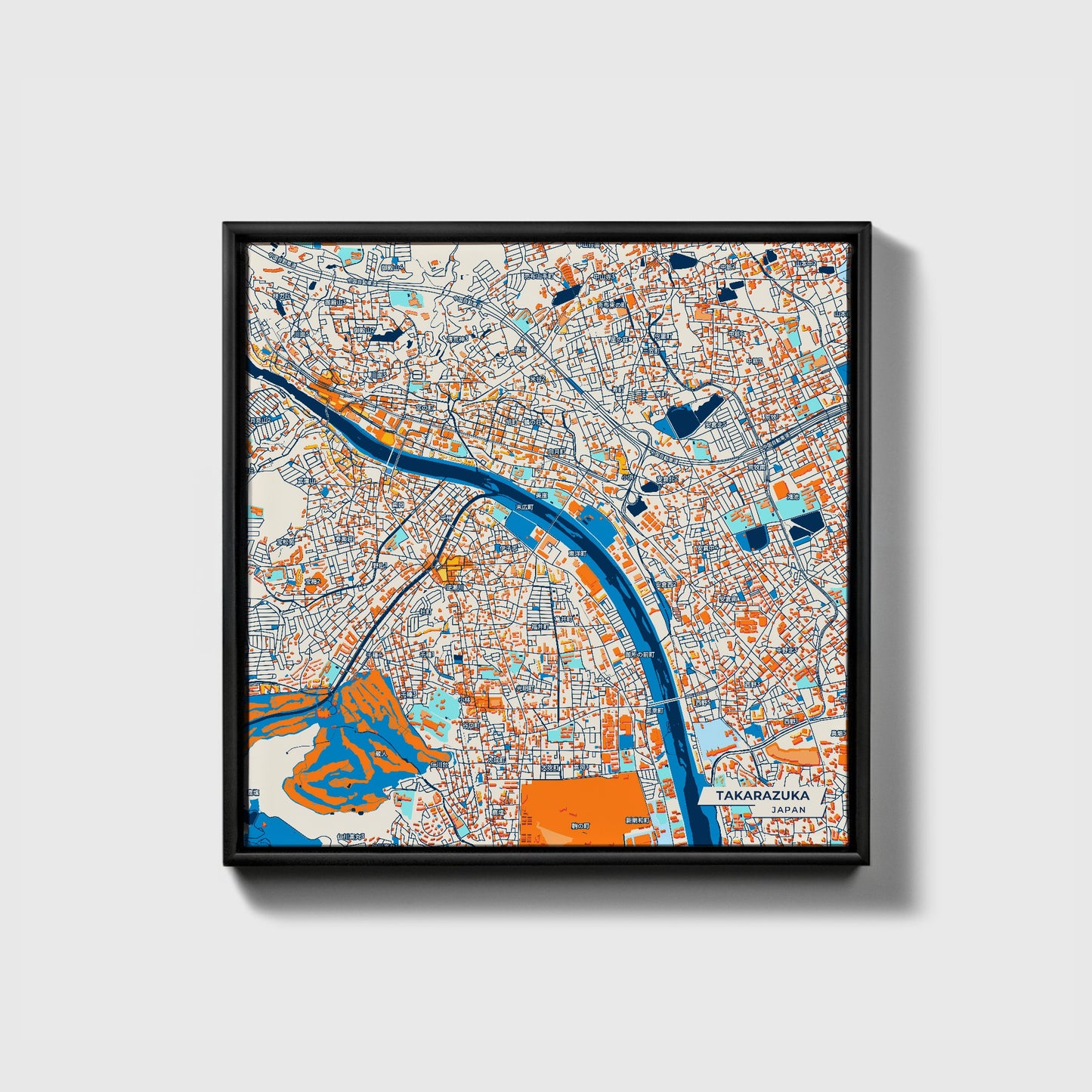 Takarazuka Japan Colorful City Map Canvas Print • Black Framed
