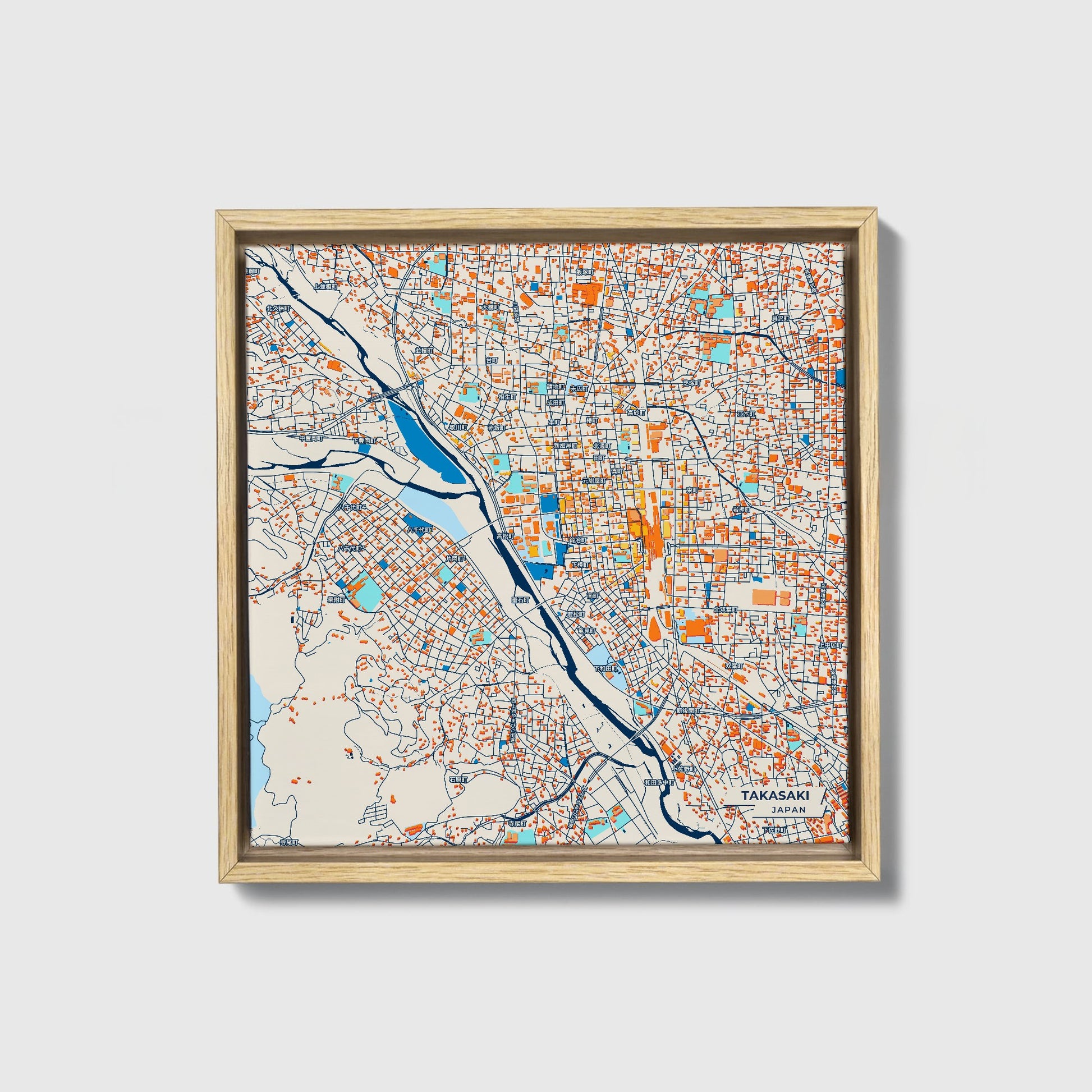 Takasaki Japan Colorful City Map Canvas Print • Natural Wooden Framed