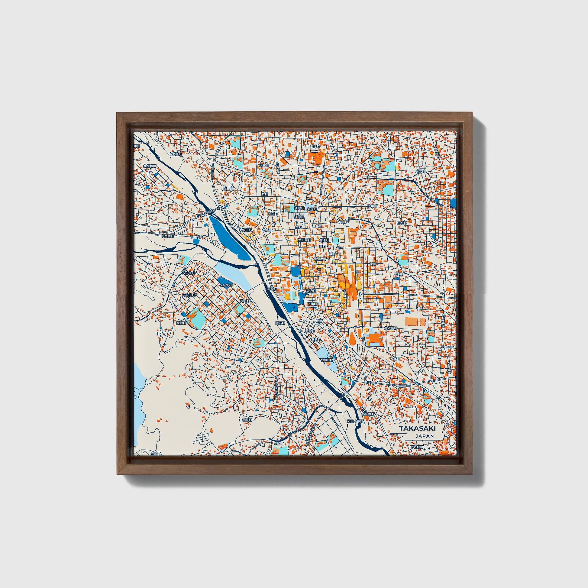 Takasaki Japan Colorful City Map Canvas Print • Dark Wooden Framed
