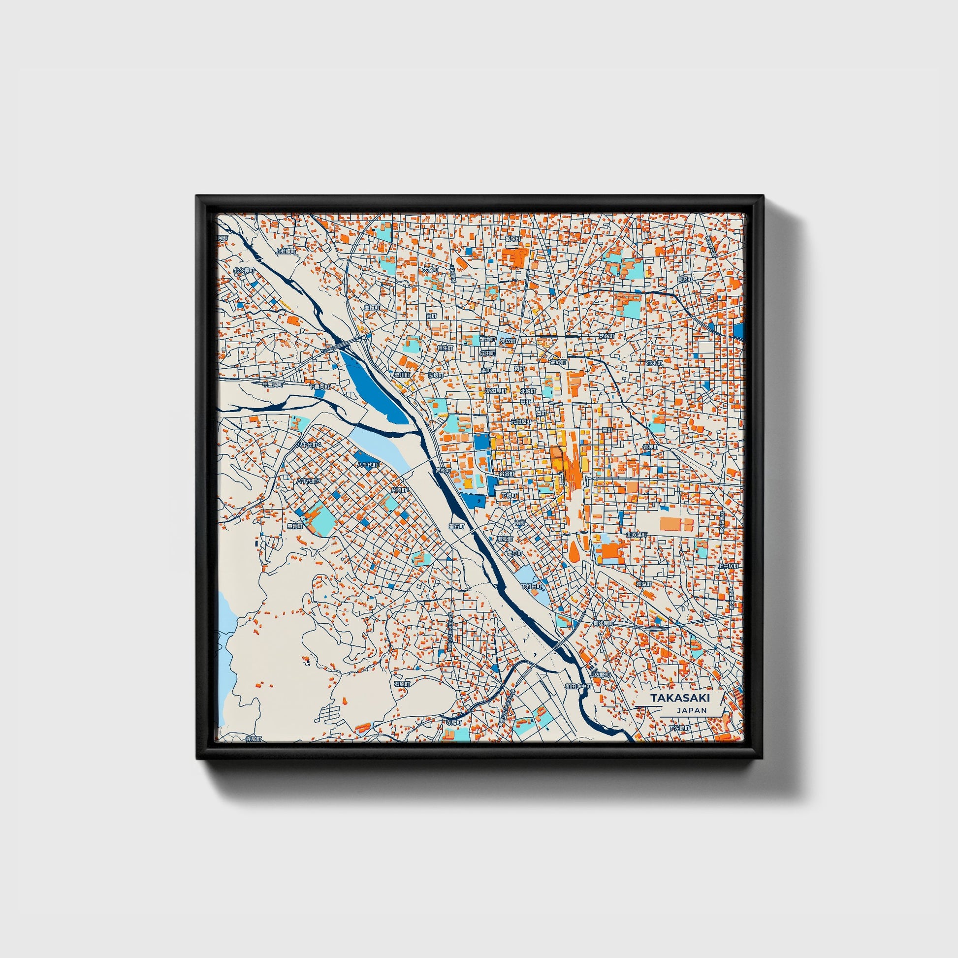 Takasaki Japan Colorful City Map Canvas Print • Black Framed
