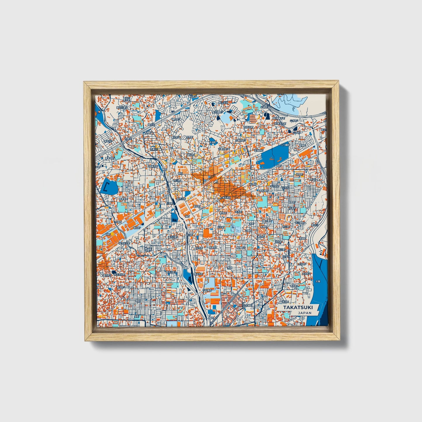 Takatsuki Japan Colorful City Map Canvas Print • Natural Wooden Framed