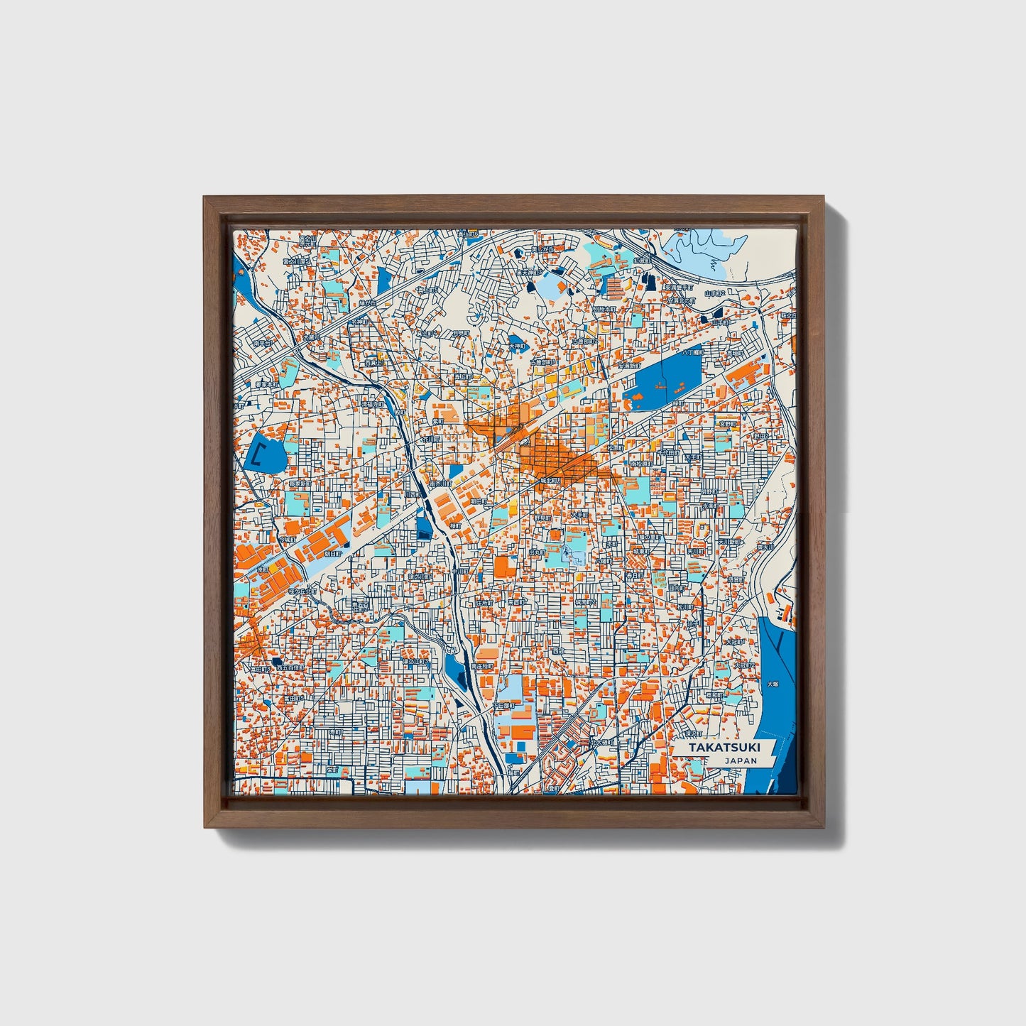 Takatsuki Japan Colorful City Map Canvas Print • Dark Wooden Framed