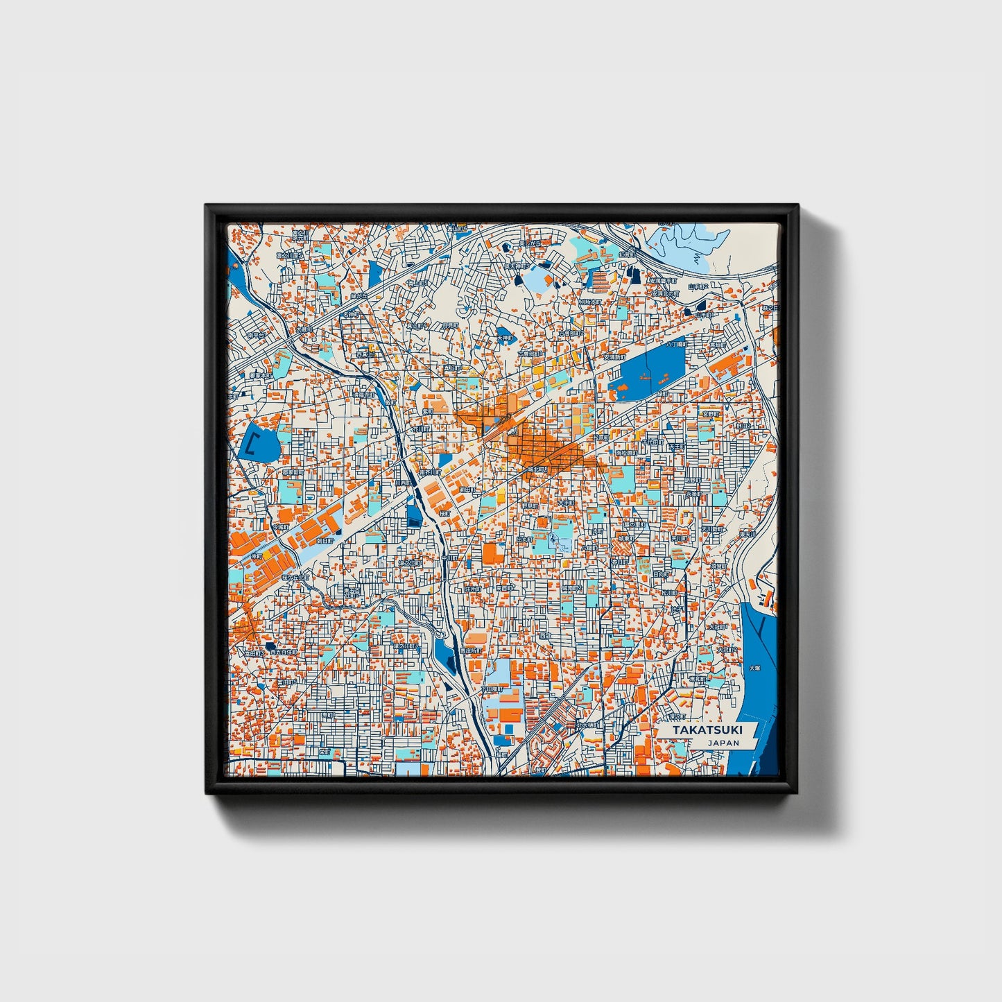 Takatsuki Japan Colorful City Map Canvas Print • Black Framed