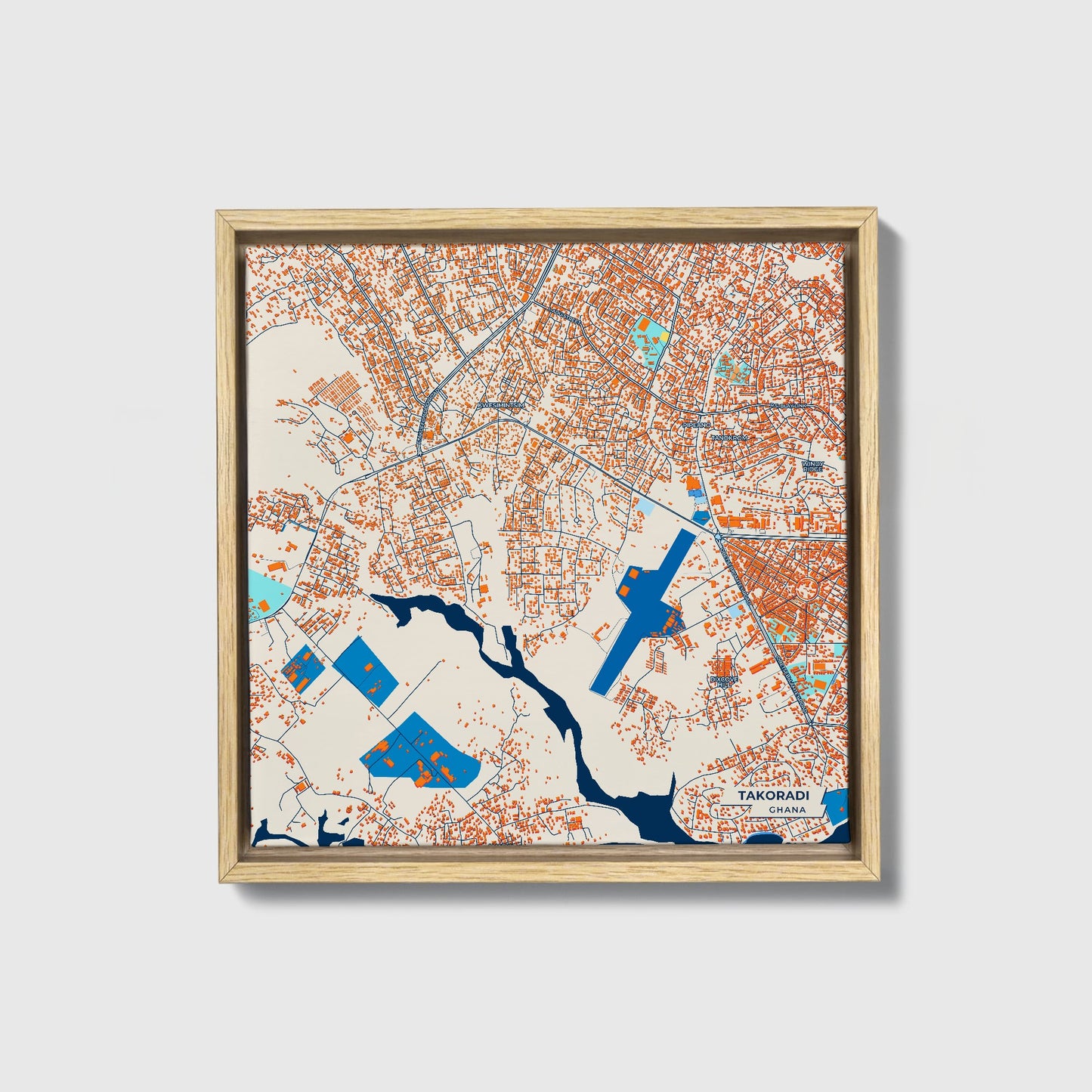 Takoradi Ghana Colorful City Map Canvas Print • Natural Wooden Framed