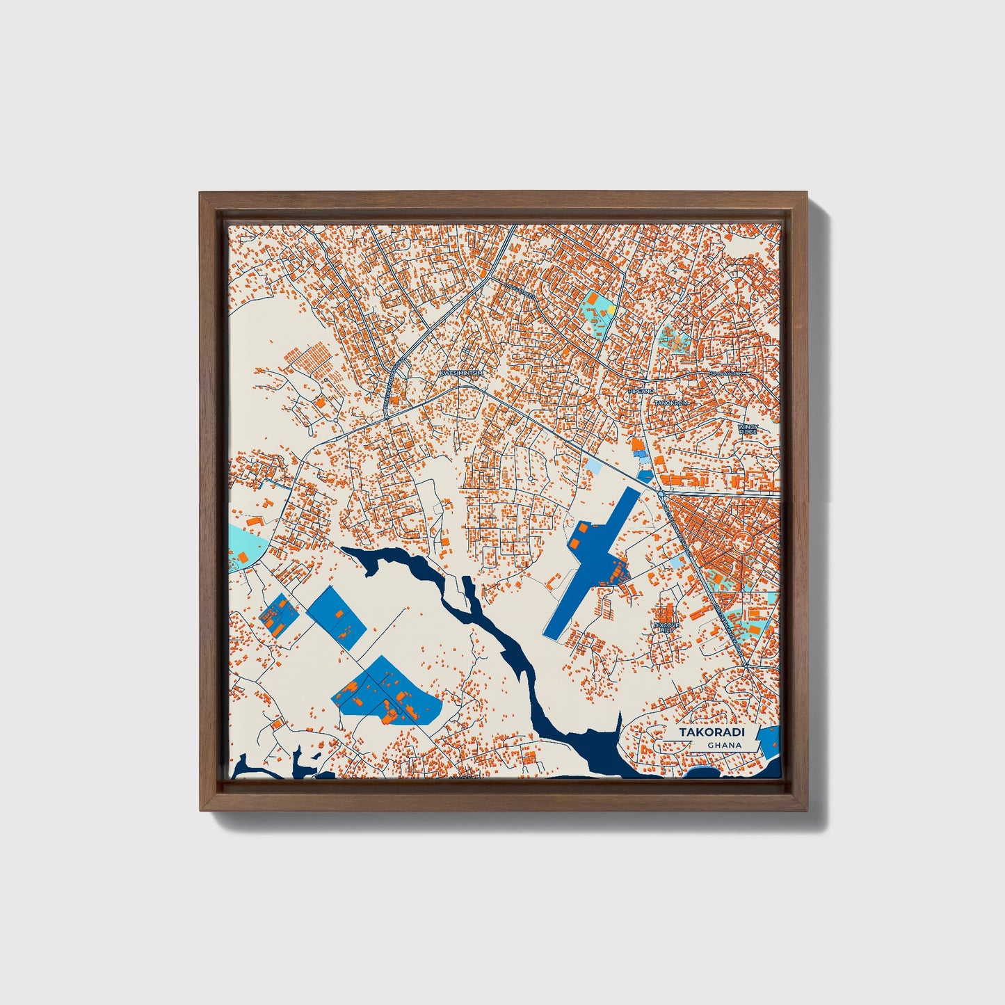 Takoradi Ghana Colorful City Map Canvas Print • Dark Wooden Framed
