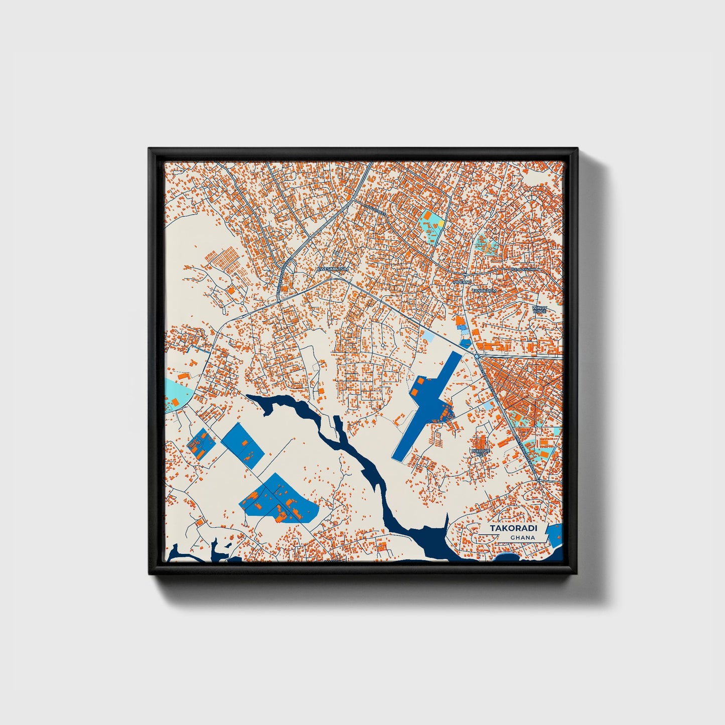 Takoradi Ghana Colorful City Map Canvas Print • Black Framed
