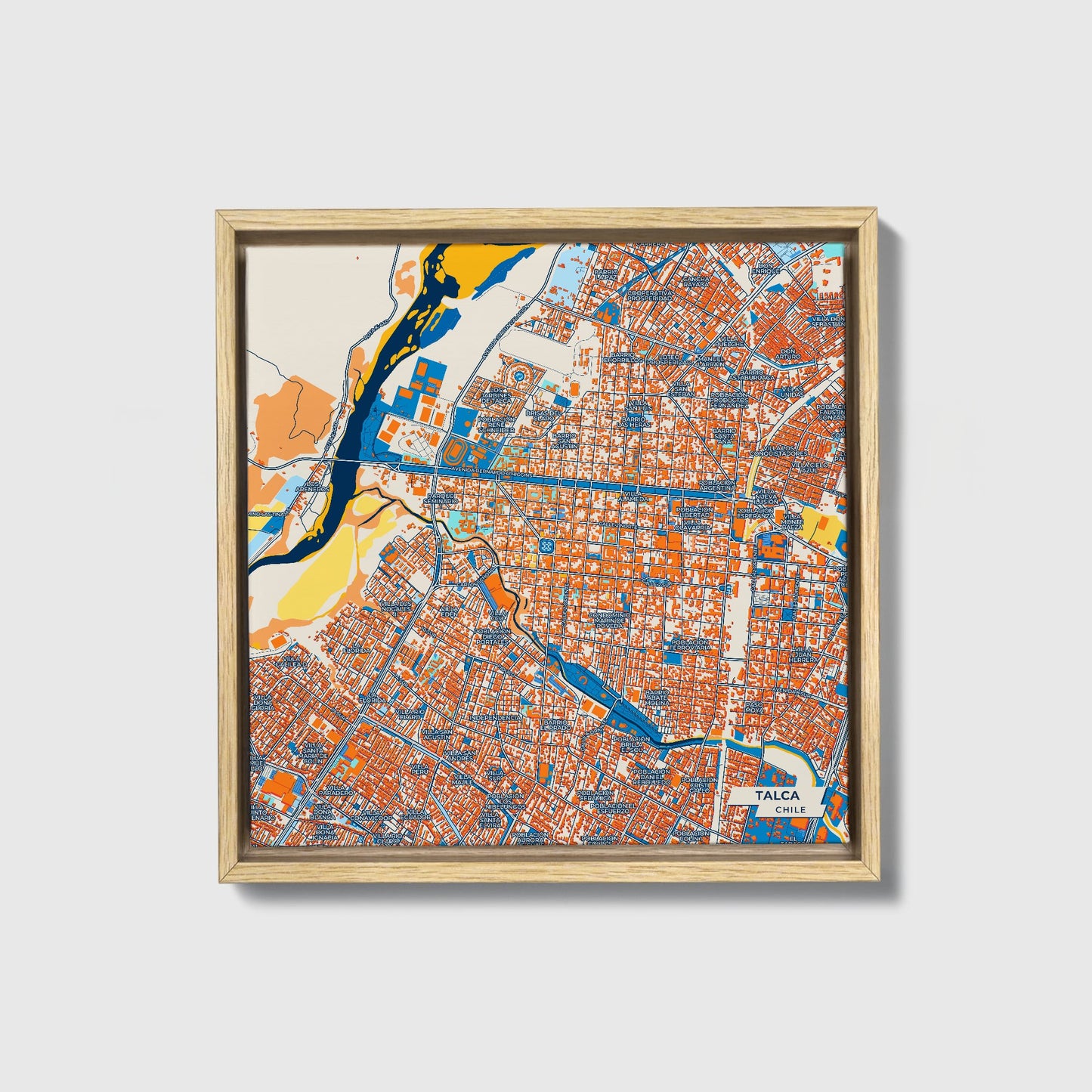 Talca Chile Colorful City Map Canvas Print • Natural Wooden Framed