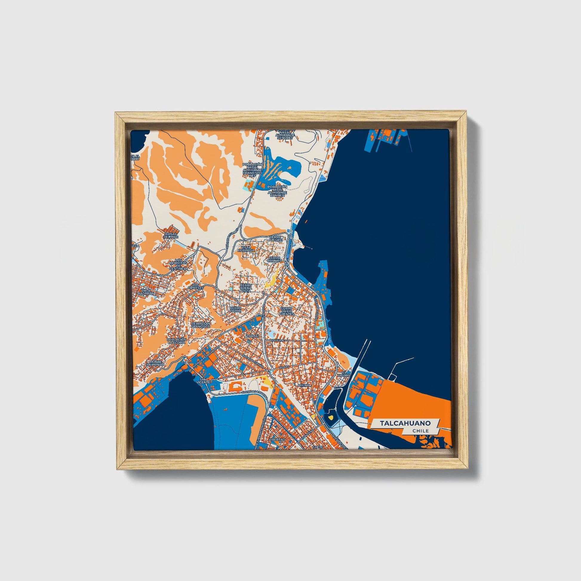 Talcahuano Chile Colorful City Map Canvas Print • Natural Wooden Framed