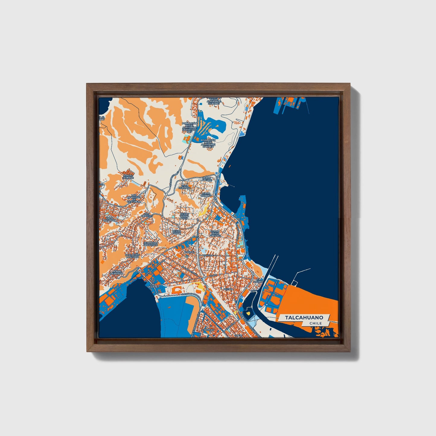 Talcahuano Chile Colorful City Map Canvas Print • Dark Wooden Framed