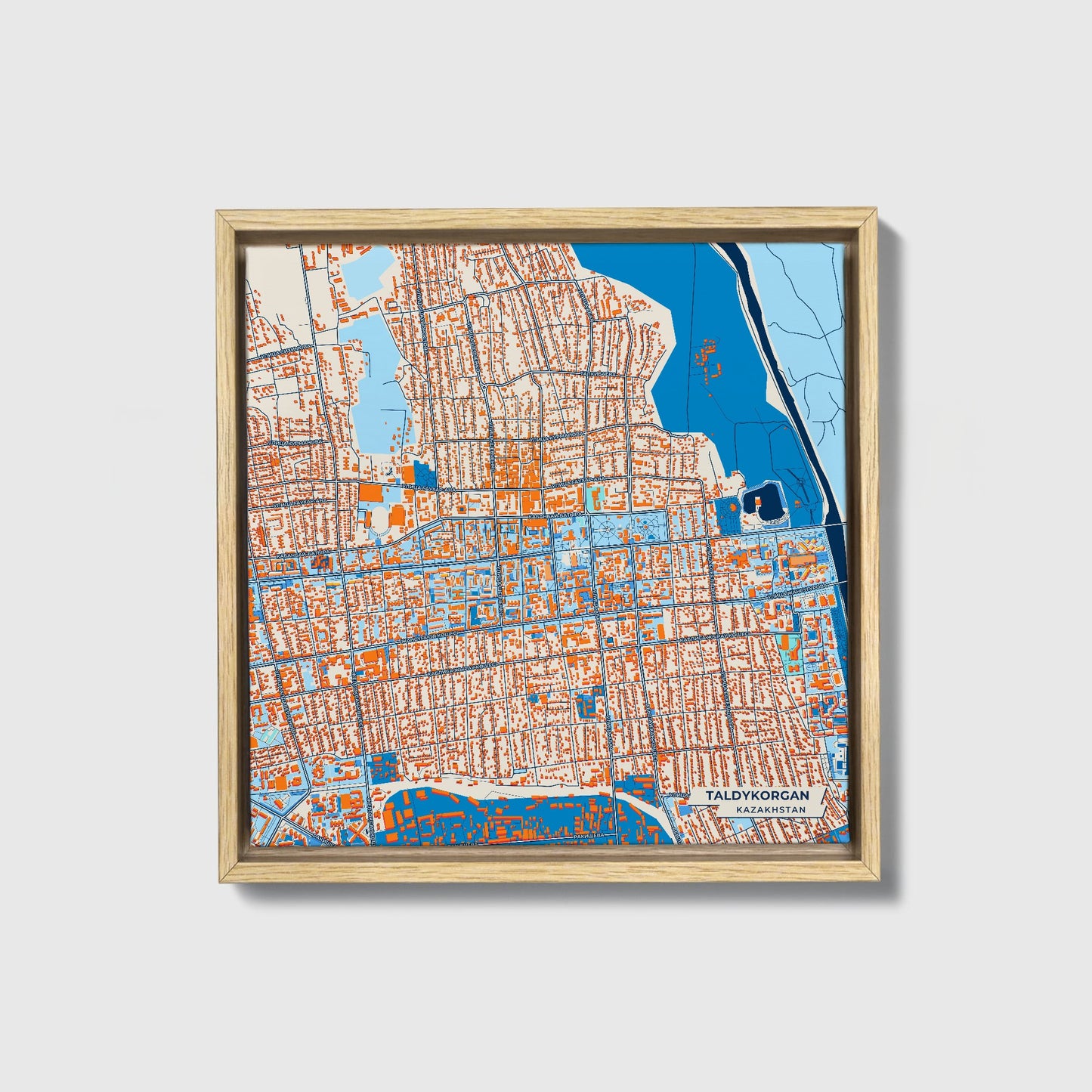 Taldykorgan Kazakhstan Colorful City Map Canvas Print • Natural Wooden Framed