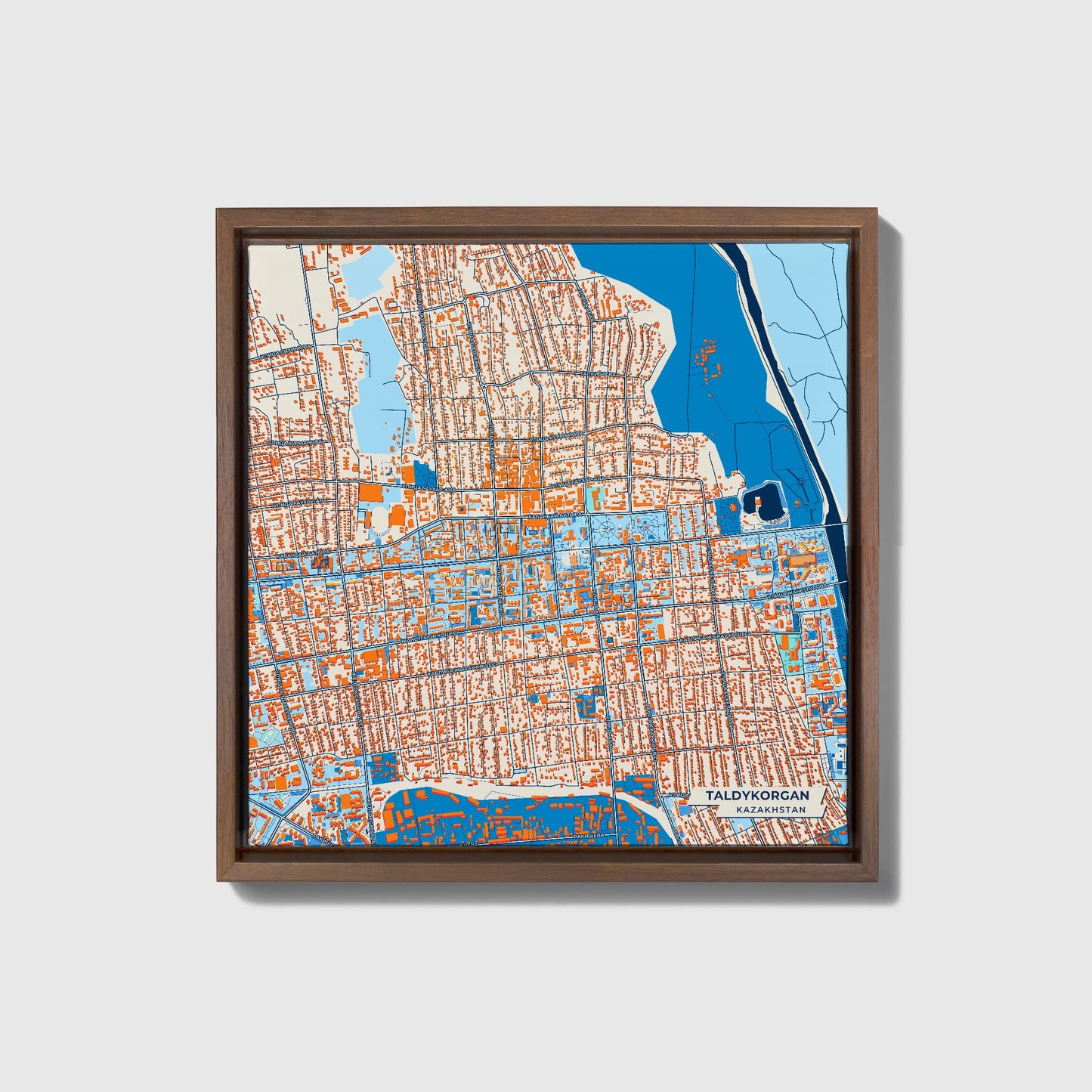 Taldykorgan Kazakhstan Colorful City Map Canvas Print • Dark Wooden Framed