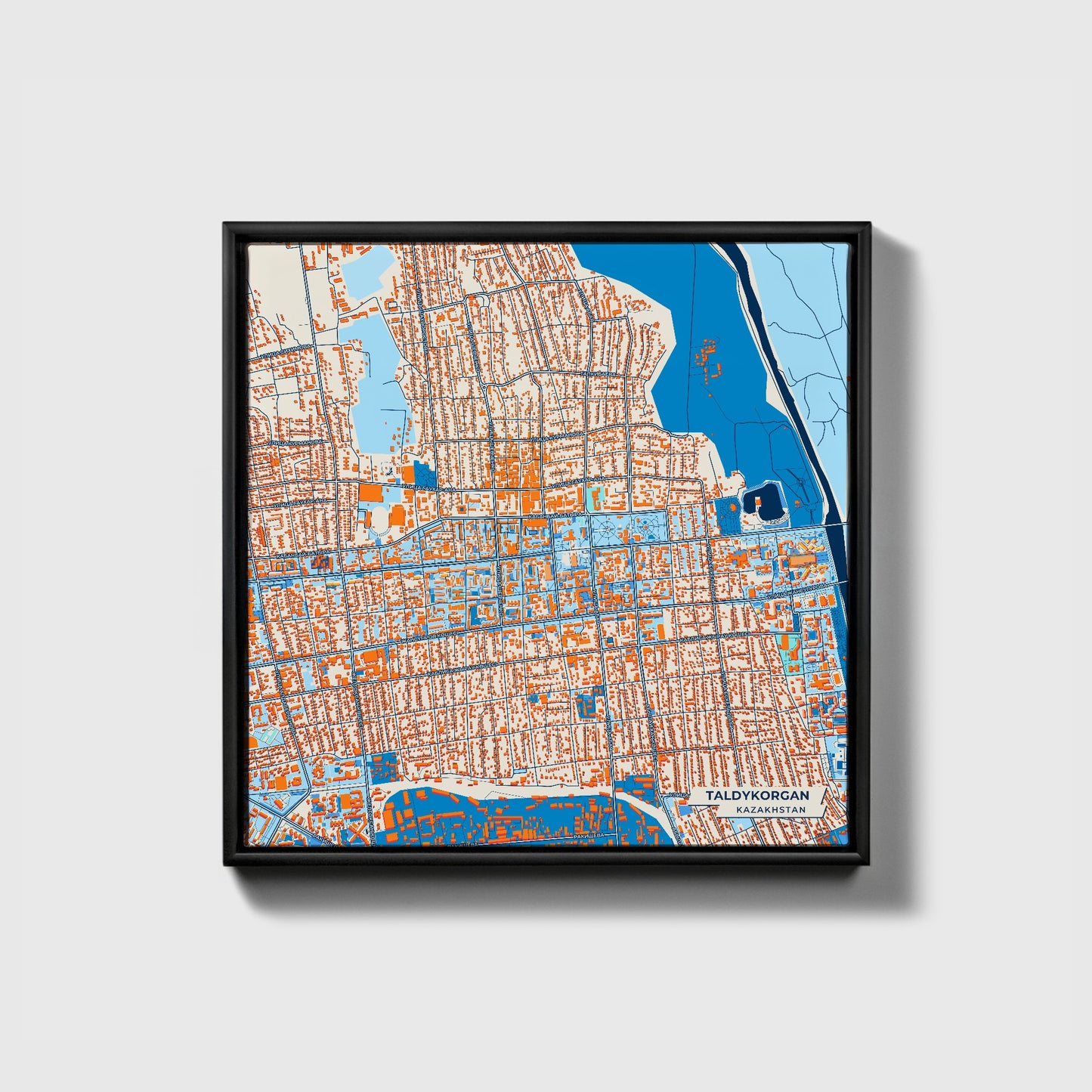 Taldykorgan Kazakhstan Colorful City Map Canvas Print • Black Framed