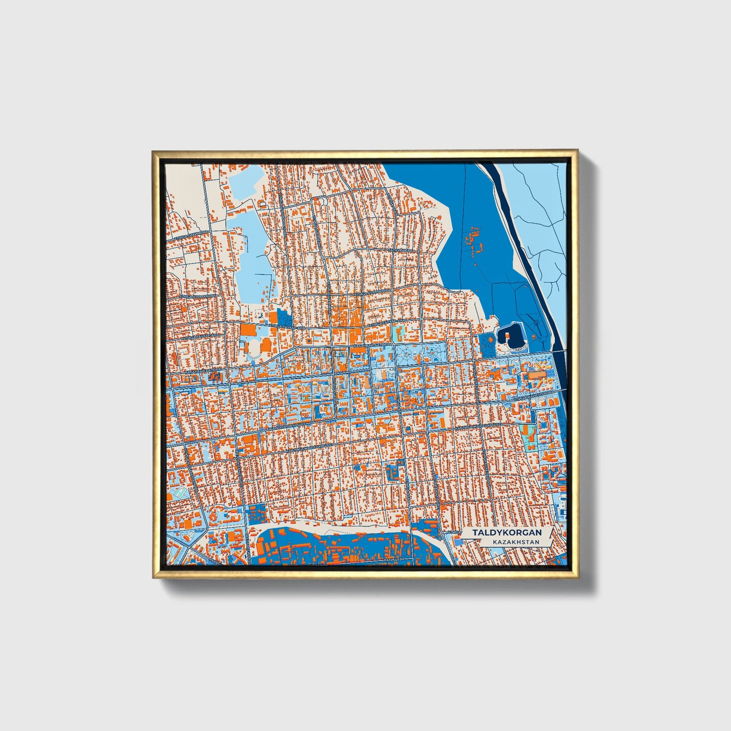 Taldykorgan Kazakhstan Colorful City Map Canvas Print • Gold Framed