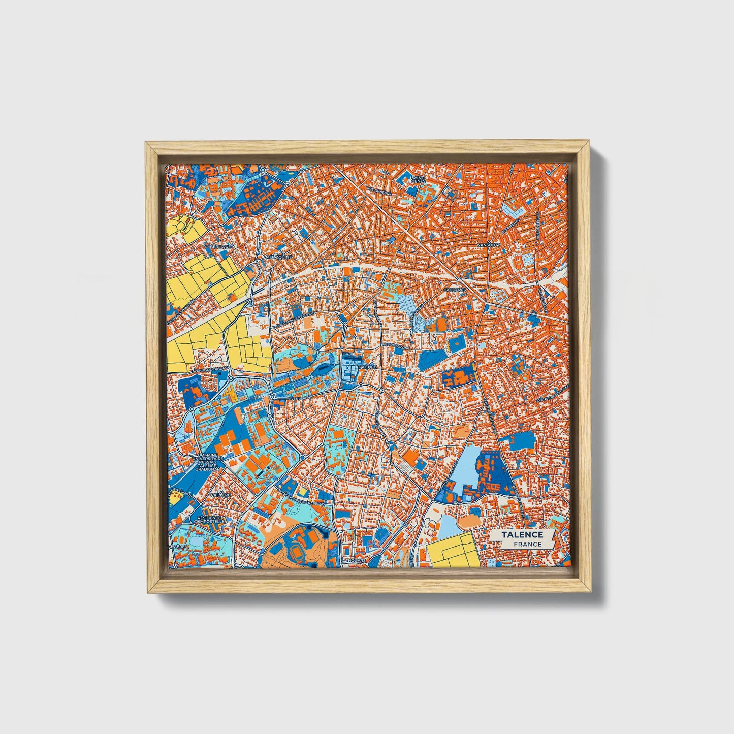 Talence France Colorful City Map Canvas Print • Natural Wooden Framed