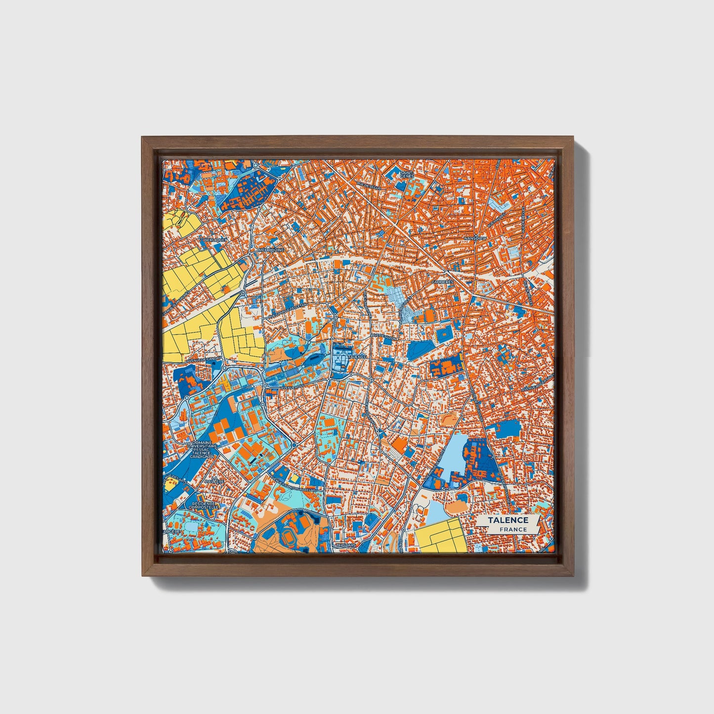 Talence France Colorful City Map Canvas Print • Dark Wooden Framed