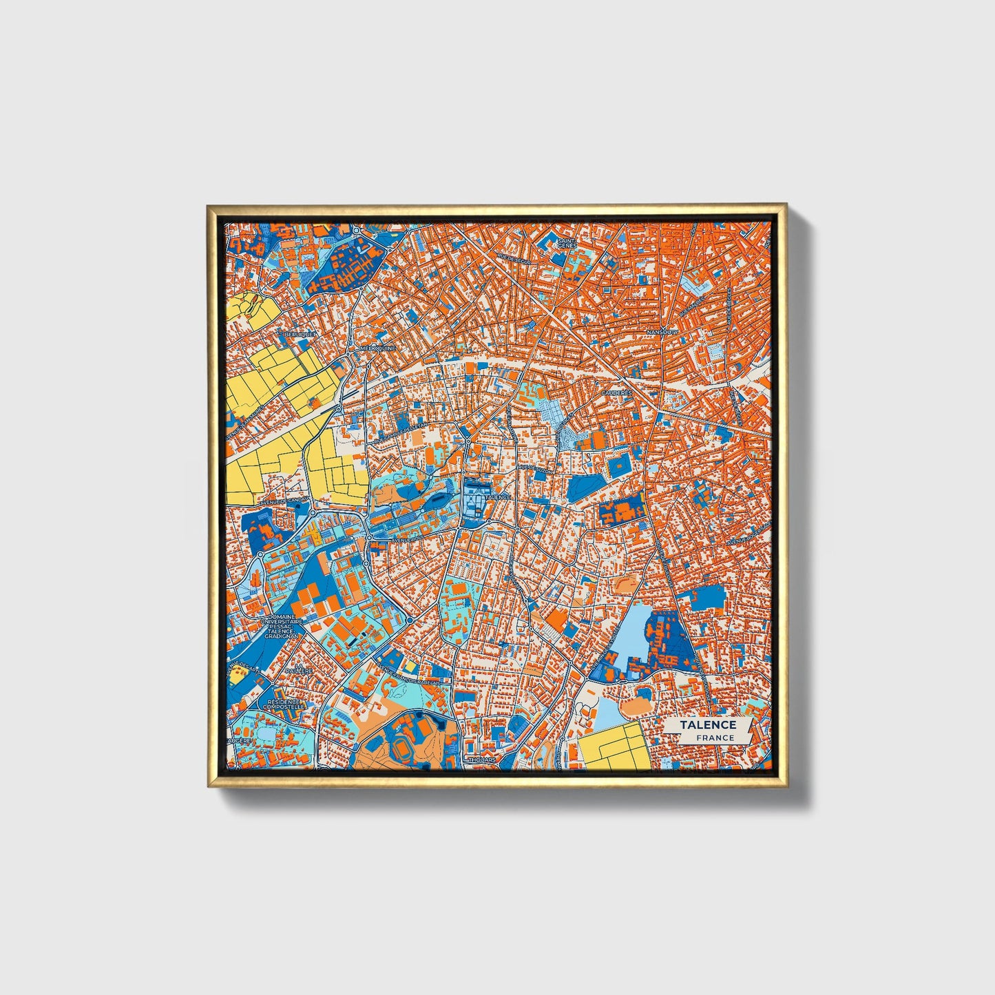 Talence France Colorful City Map Canvas Print • Gold Framed