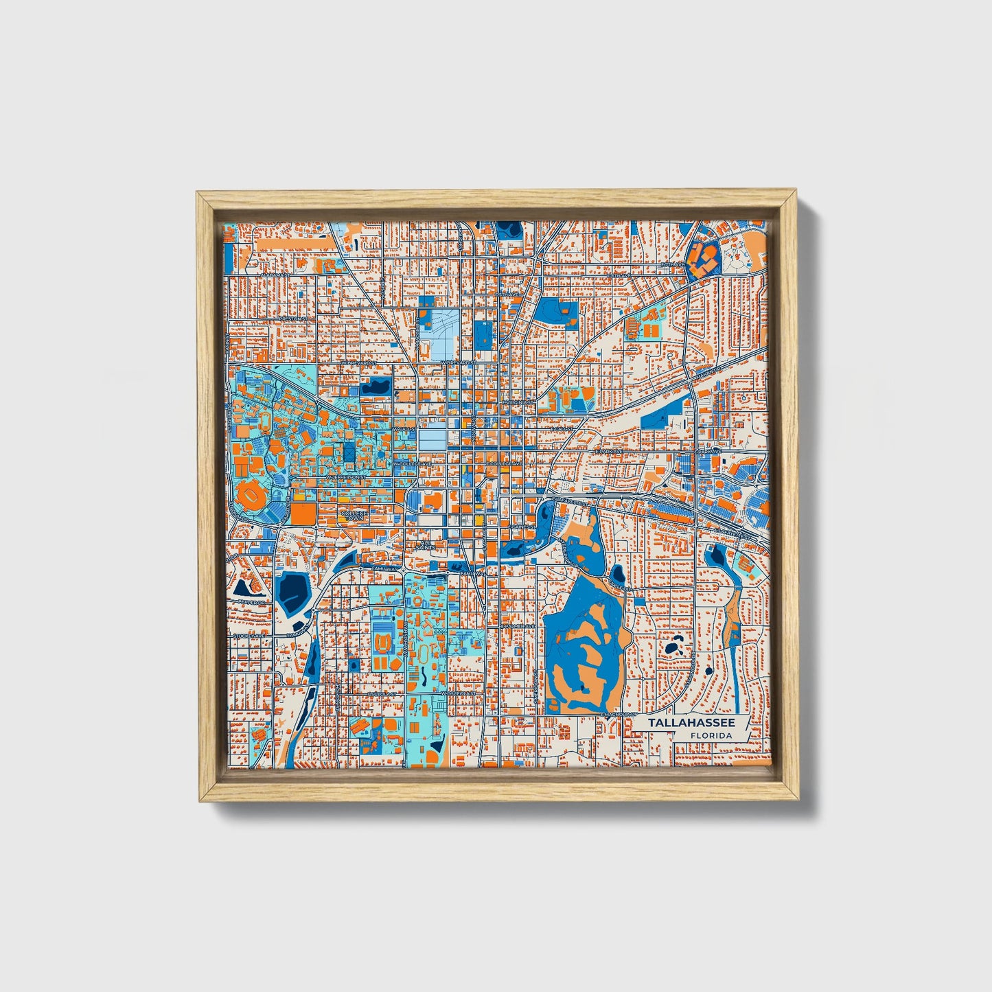 Tallahassee Florida Colorful City Map Canvas Print • Natural Wooden Framed