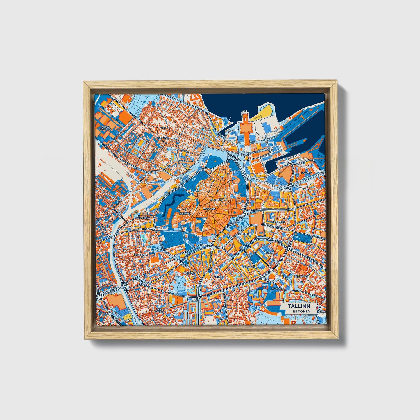 Tallinn Estonia Colorful City Map Canvas Print • Natural Wooden Framed