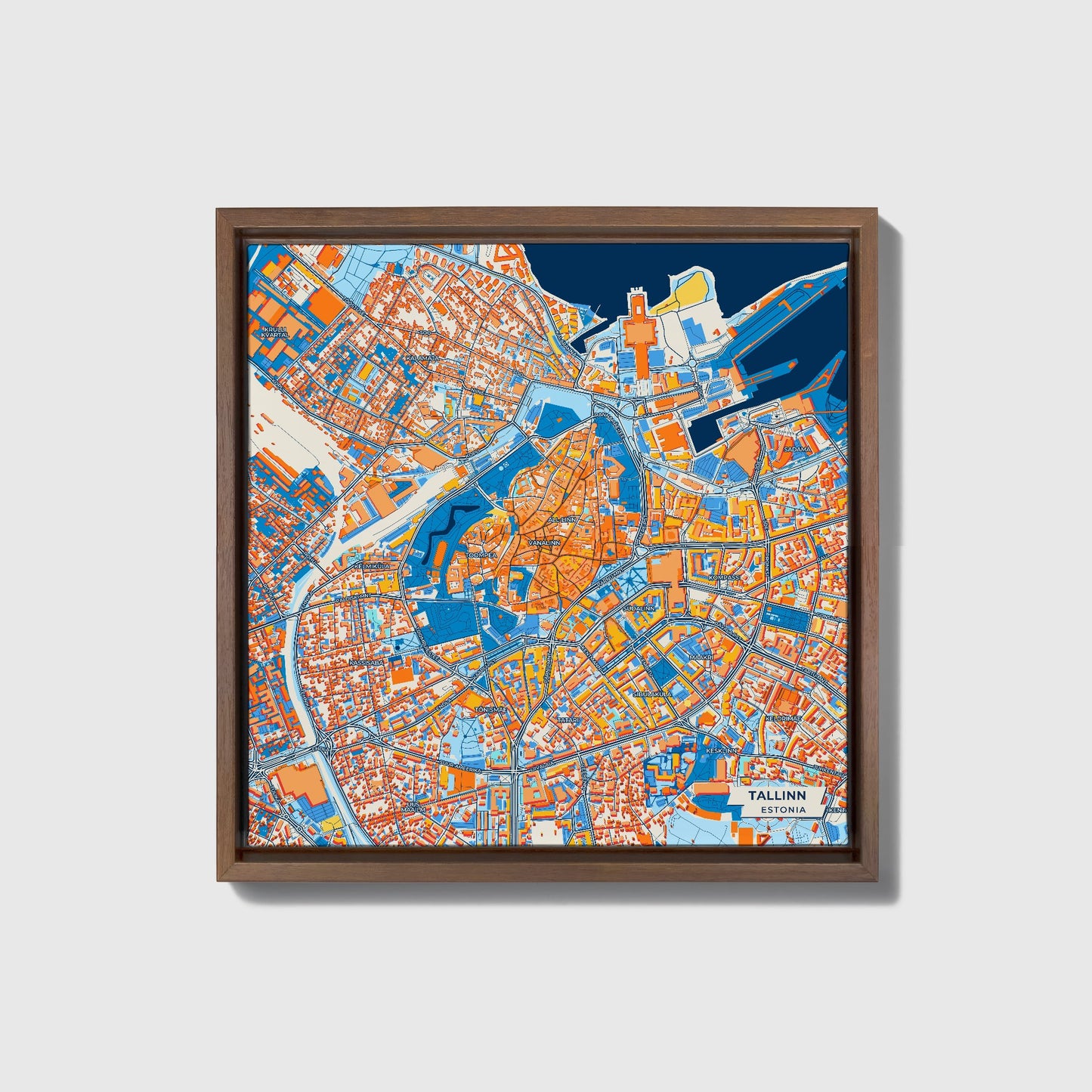 Tallinn Estonia Colorful City Map Canvas Print • Dark Wooden Framed