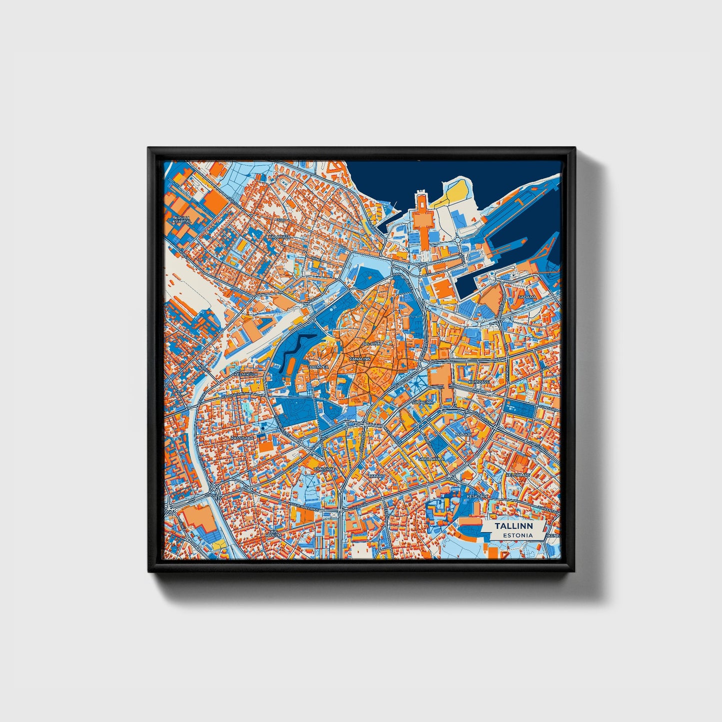Tallinn Estonia Colorful City Map Canvas Print • Black Framed