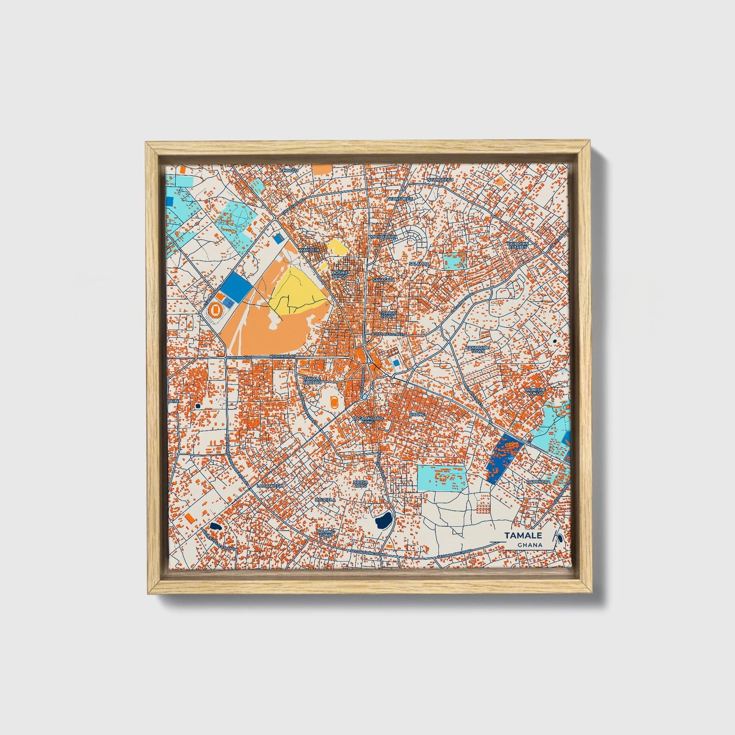Tamale Ghana Colorful City Map Canvas Print • Natural Wooden Framed