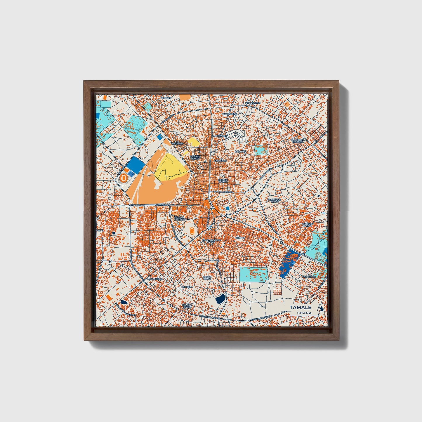 Tamale Ghana Colorful City Map Canvas Print • Dark Wooden Framed