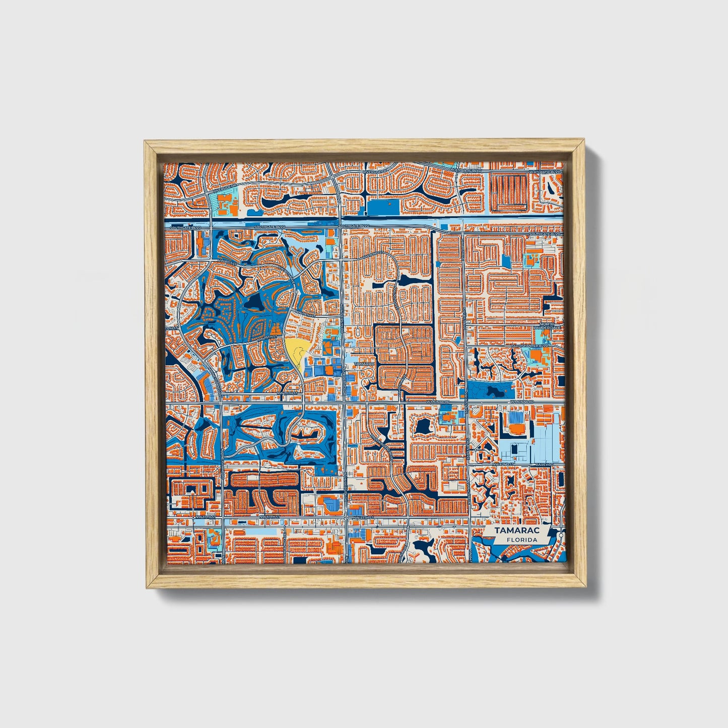 Tamarac Florida Colorful City Map Canvas Print • Natural Wooden Framed