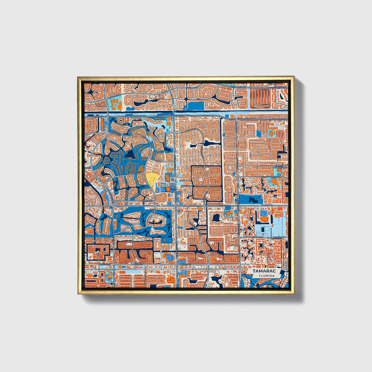 Tamarac Florida Colorful City Map Canvas Print • Gold Framed