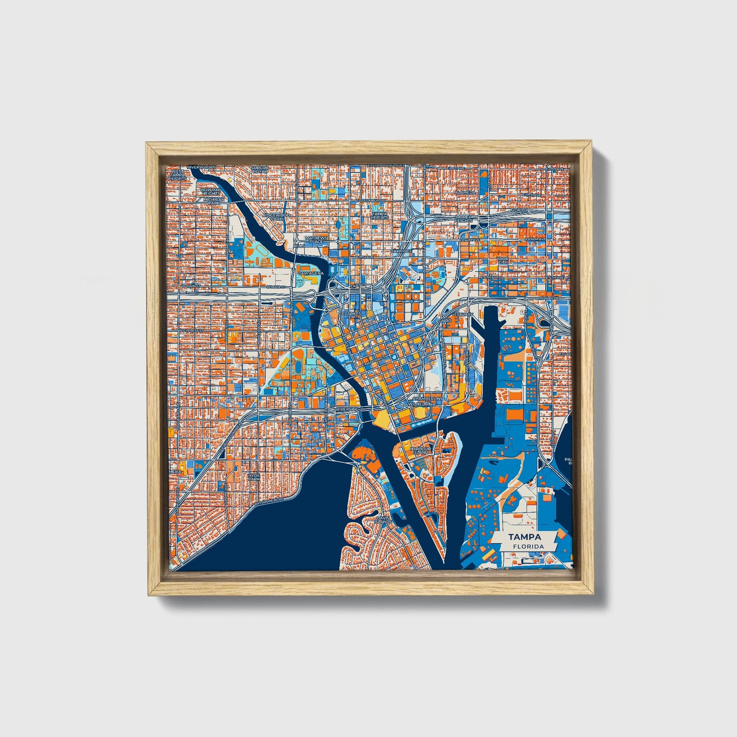 Tampa Florida Colorful City Map Canvas Print • Natural Wooden Framed