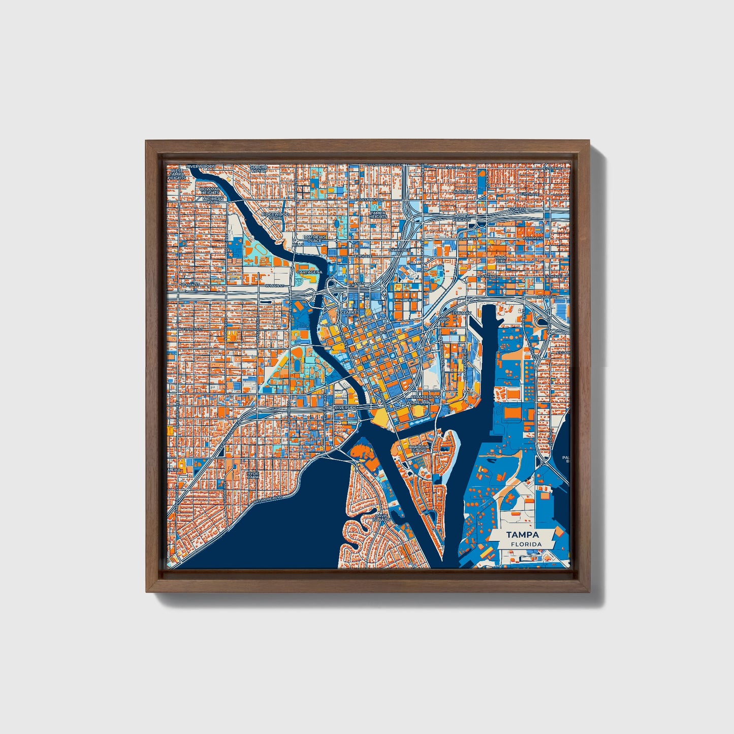 Tampa Florida Colorful City Map Canvas Print • Dark Wooden Framed