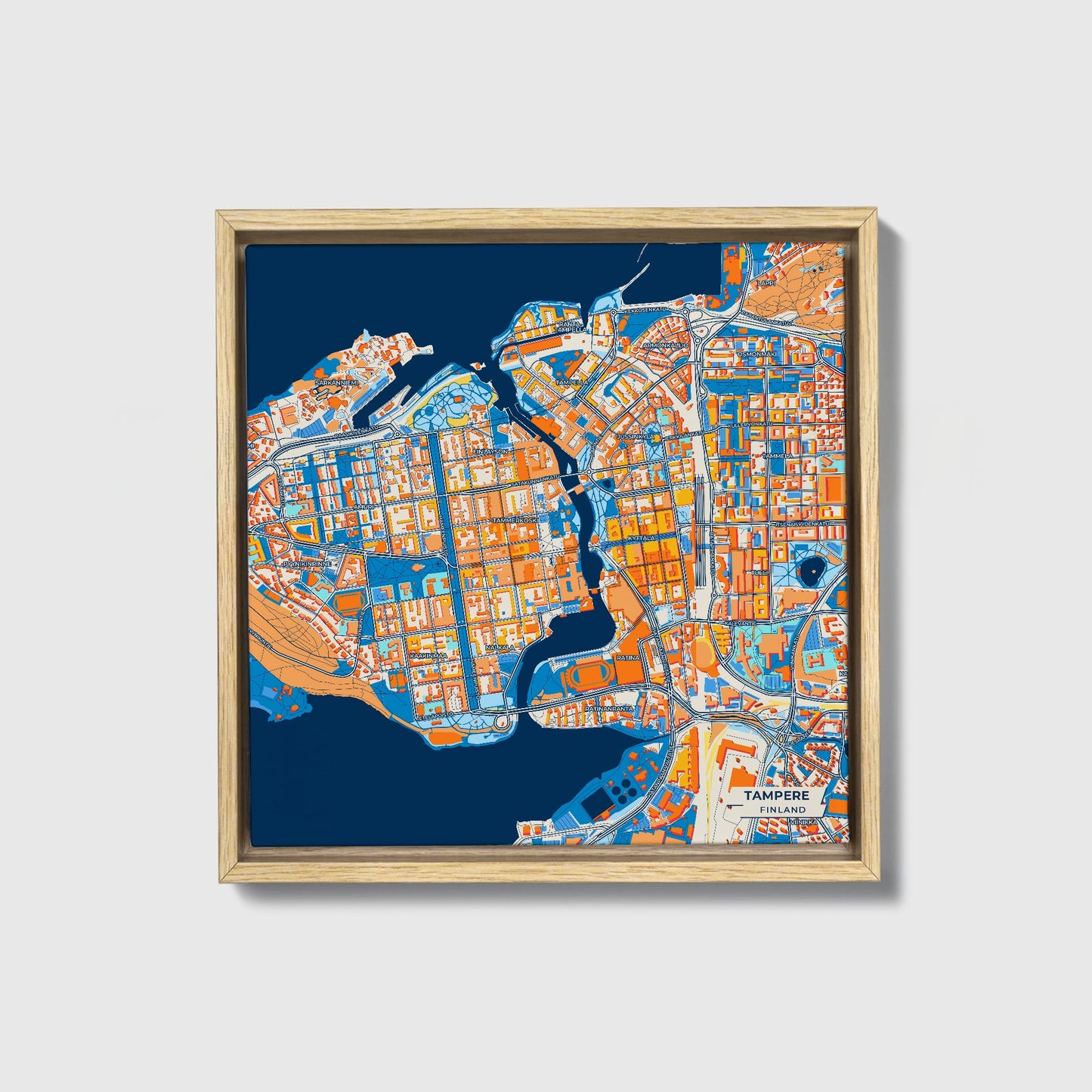 Tampere Finland Colorful City Map Canvas Print • Natural Wooden Framed