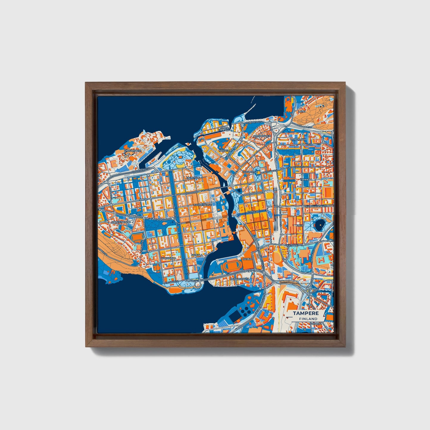 Tampere Finland Colorful City Map Canvas Print • Dark Wooden Framed