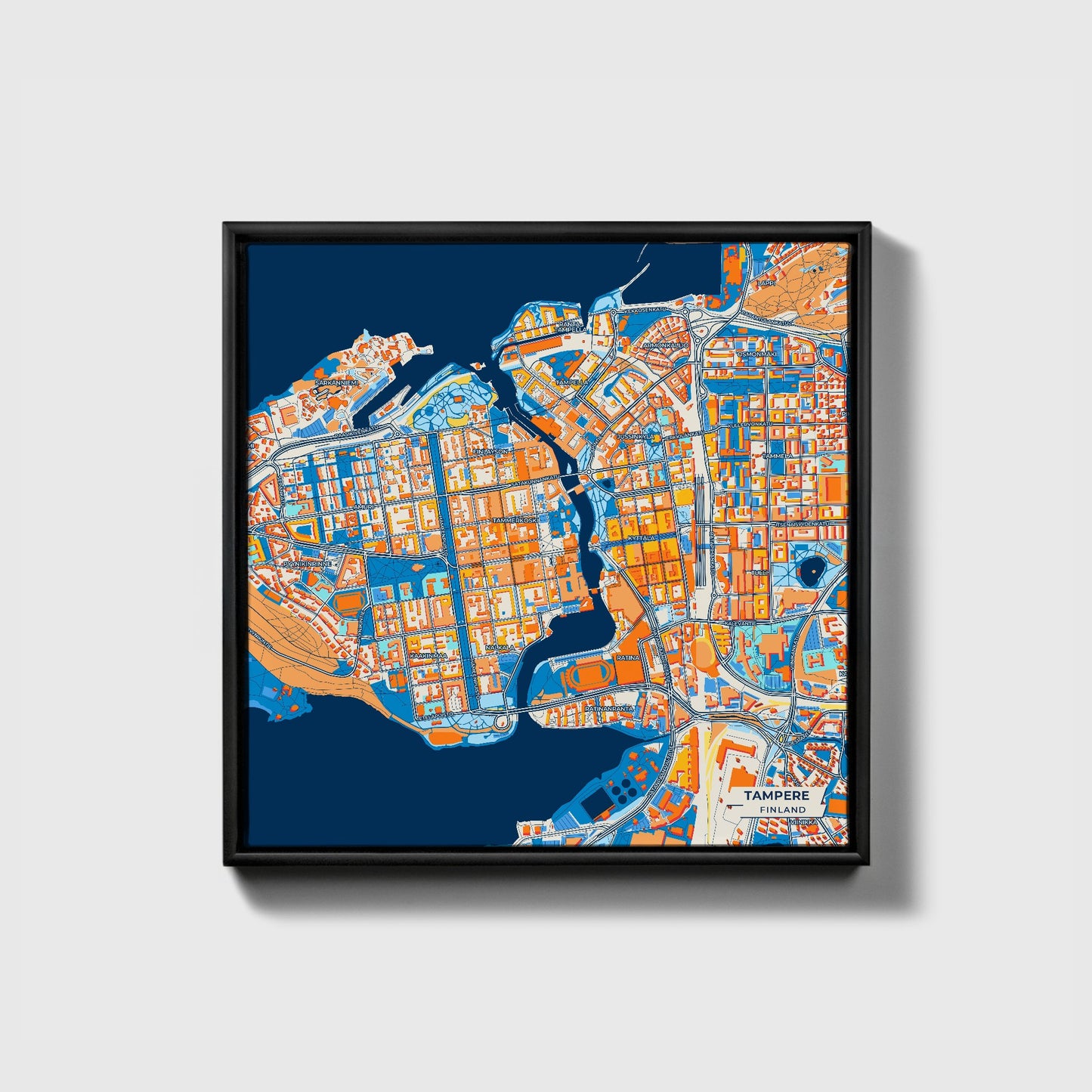 Tampere Finland Colorful City Map Canvas Print • Black Framed