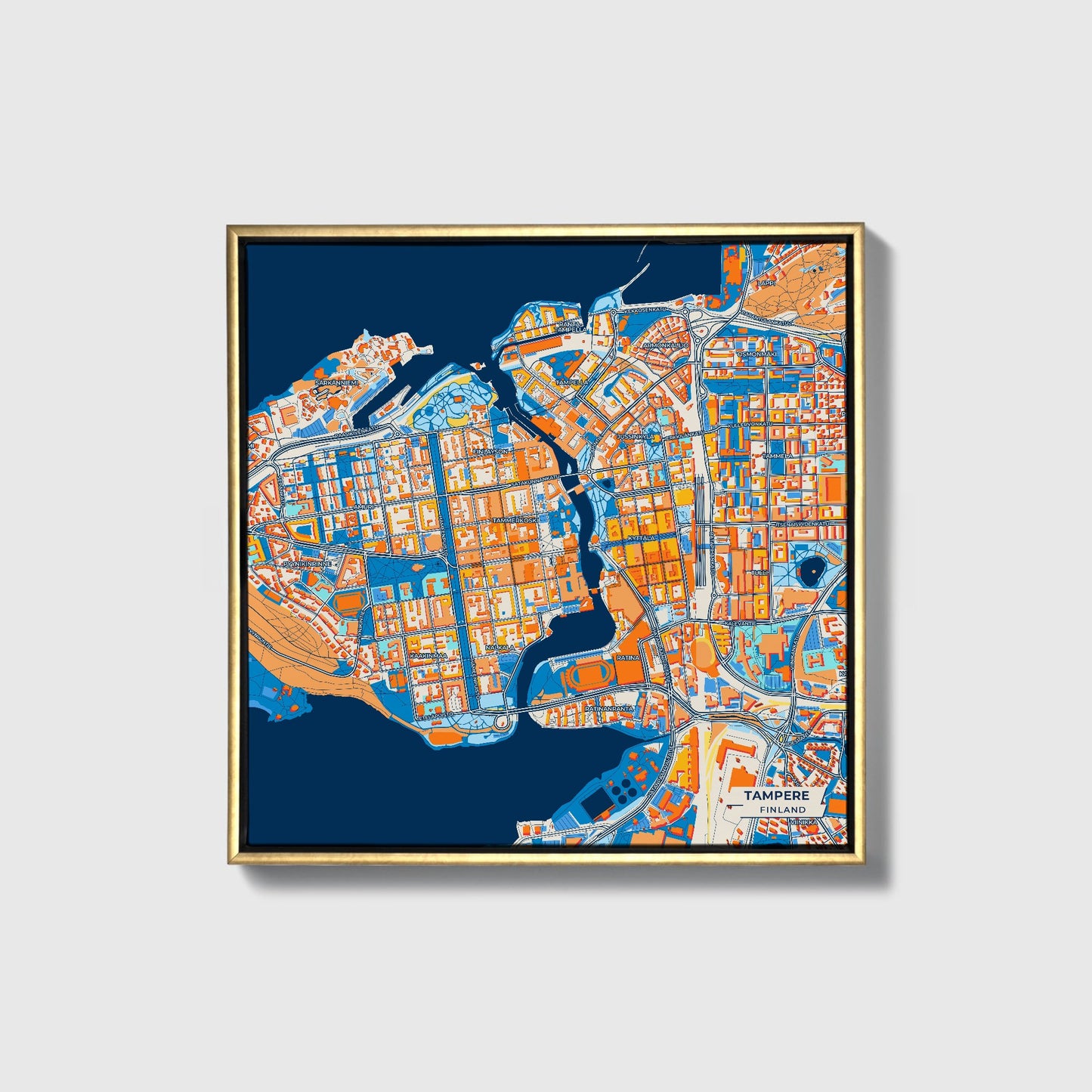 Tampere Finland Colorful City Map Canvas Print • Gold Framed