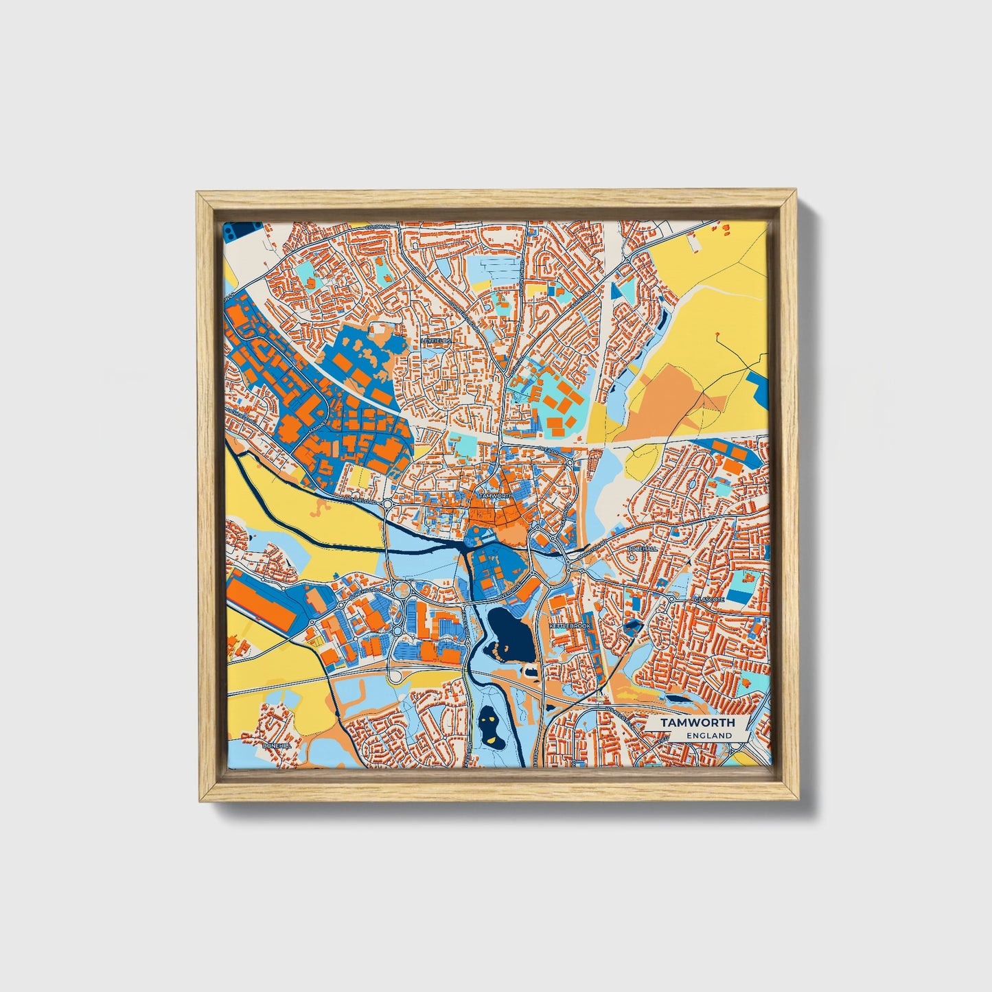 Tamworth England Colorful City Map Canvas Print • Natural Wooden Framed