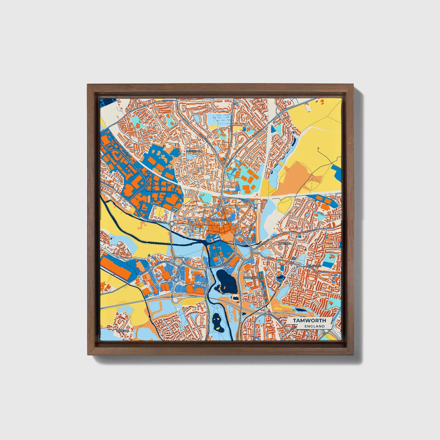 Tamworth England Colorful City Map Canvas Print • Dark Wooden Framed