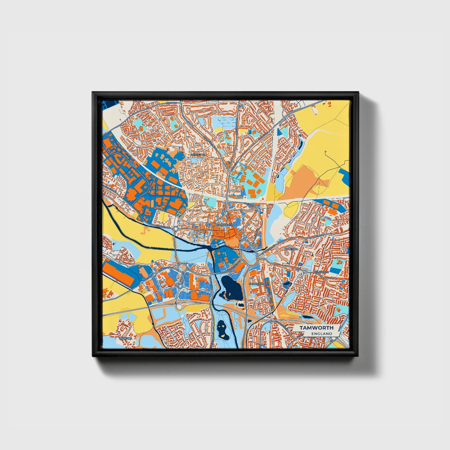 Tamworth England Colorful City Map Canvas Print • Black Framed