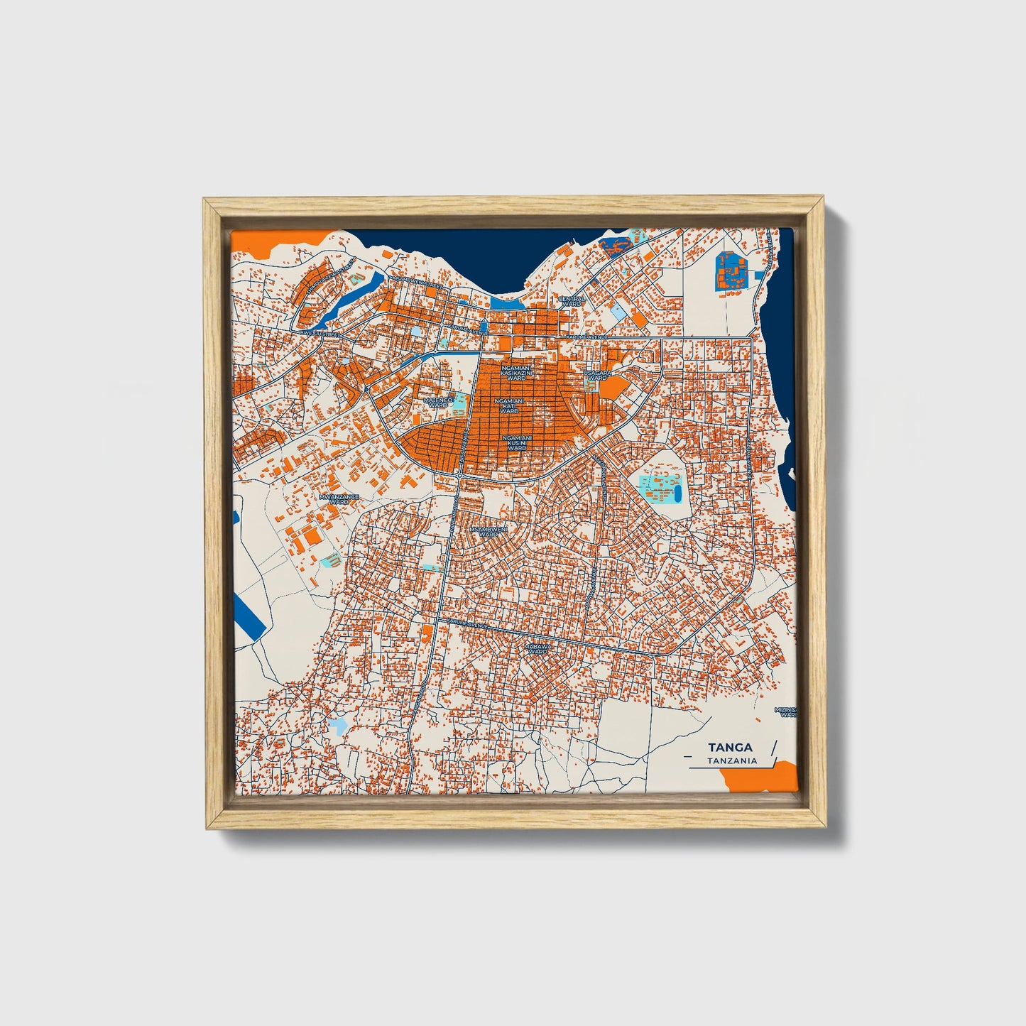 Tanga Tanzania Colorful City Map Canvas Print • Natural Wooden Framed