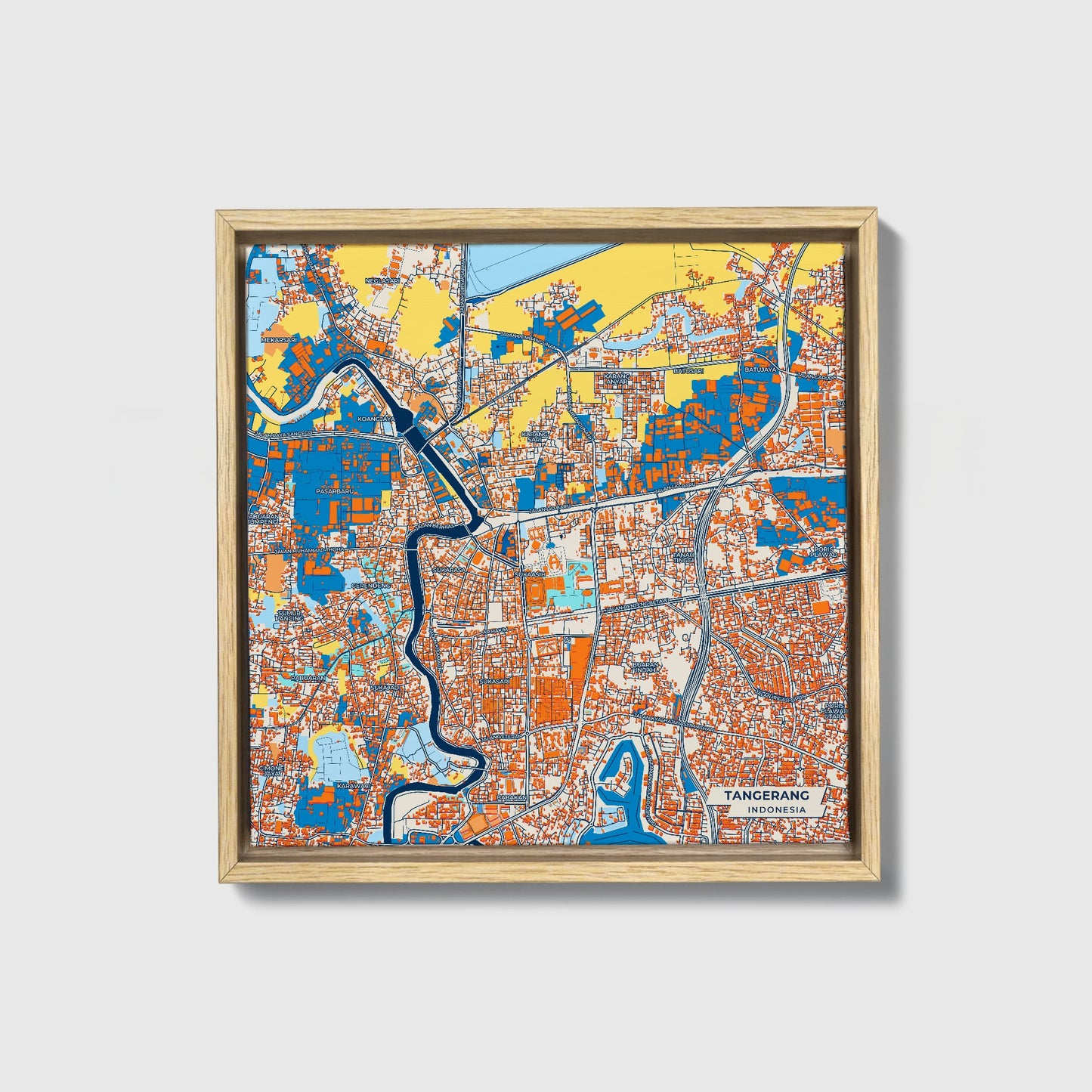 Tangerang Indonesia Colorful City Map Canvas Print • Natural Wooden Framed