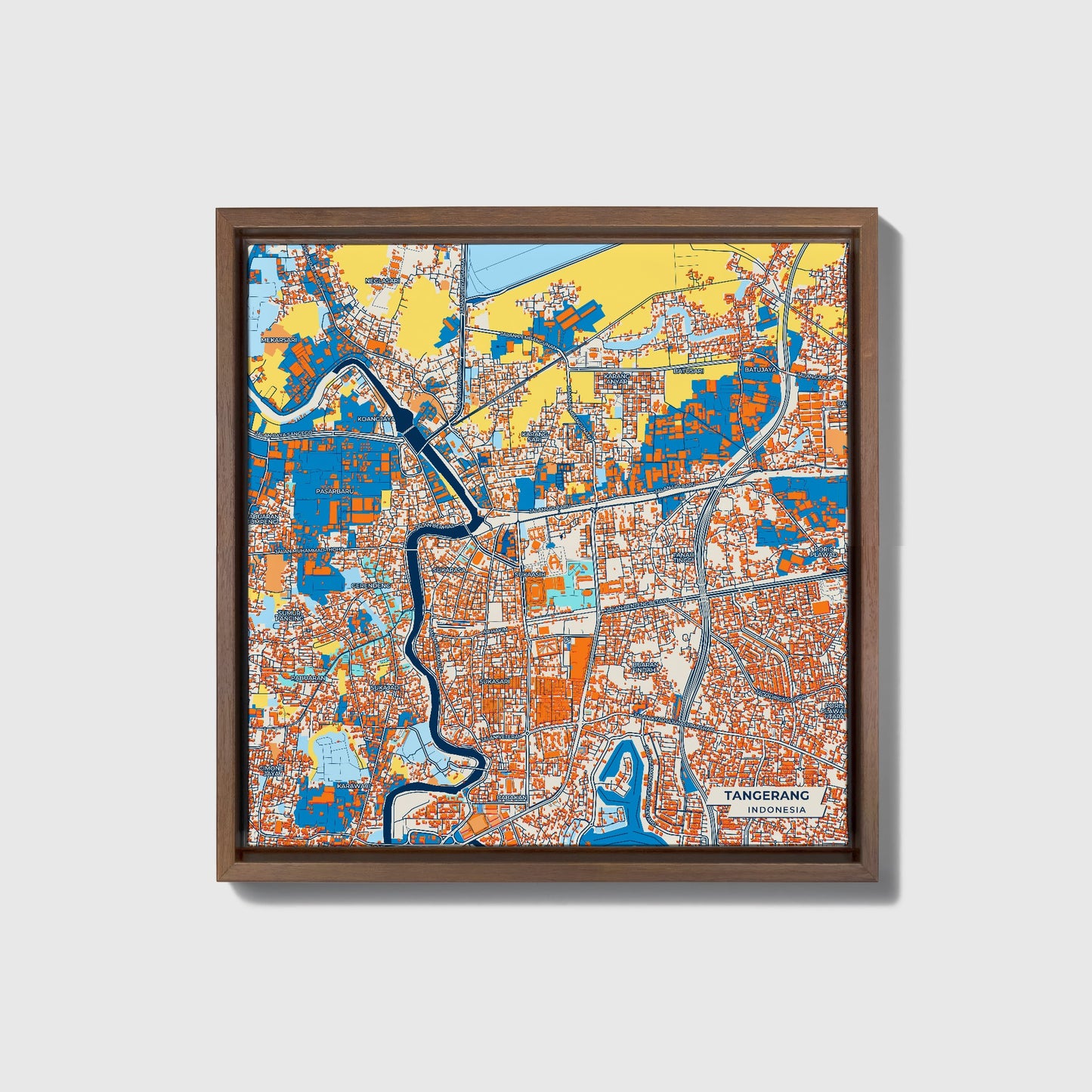 Tangerang Indonesia Colorful City Map Canvas Print • Dark Wooden Framed