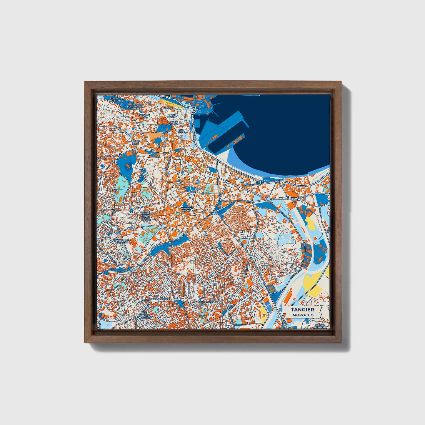 Tangier Morocco Colorful City Map Canvas Print • Dark Wooden Framed