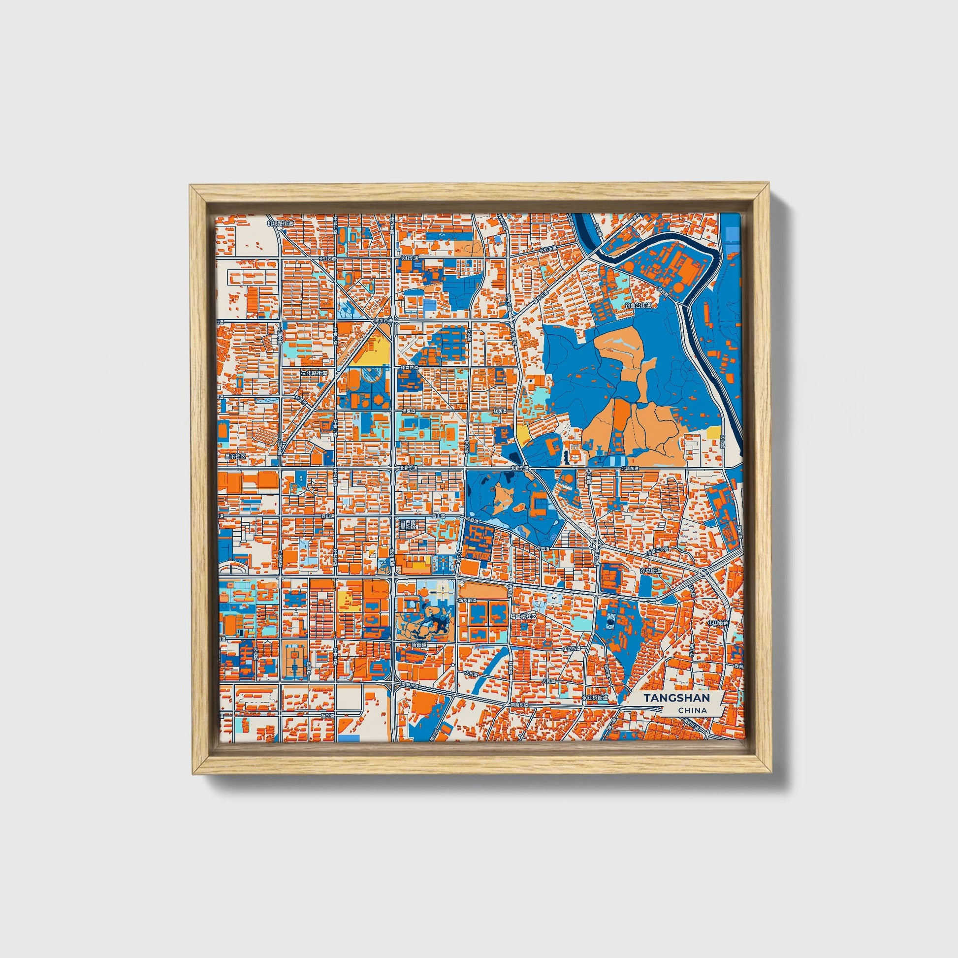 Tangshan China Colorful City Map Canvas Print • Natural Wooden Framed